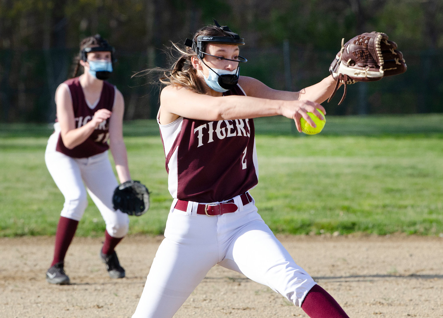 Tigers pitcher Grace Plourde winds up to throw a pitch in the second inning. Plourde shined for Tiverton as she struck out 10 in seven innings with just 2 earned runs.
