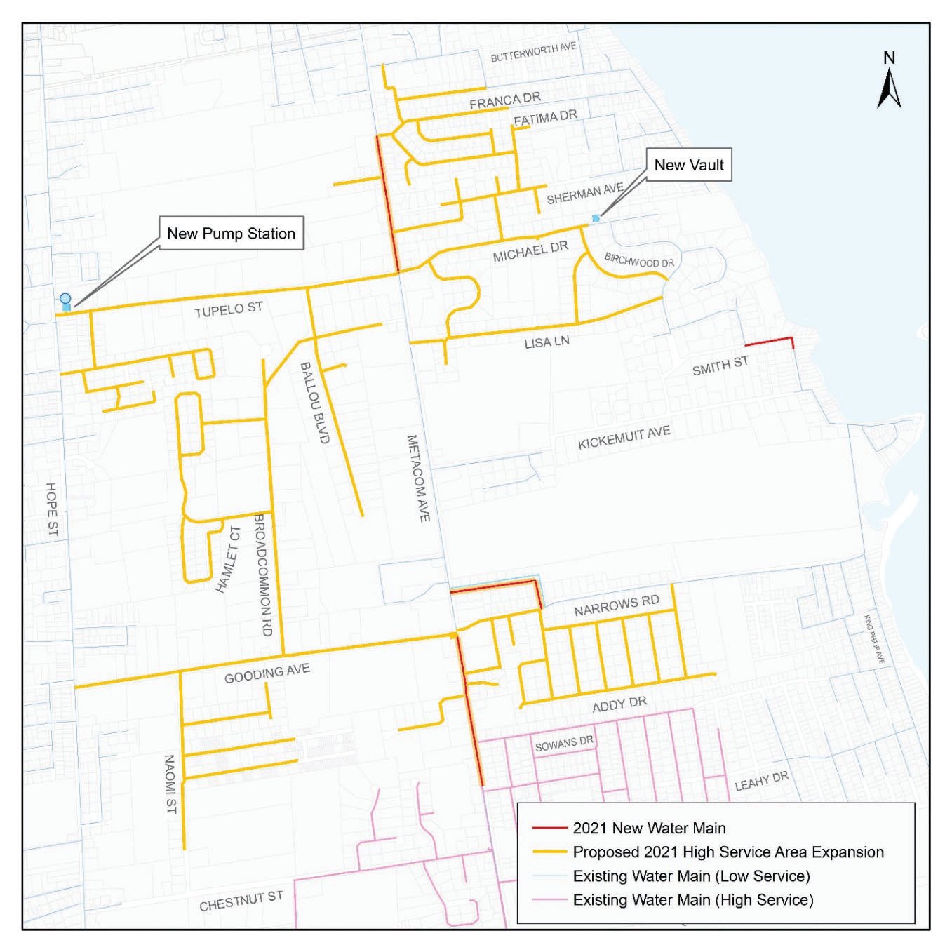 This BCWA graphic shows the streets (yellow) that will be tapped into the improved “high-pressure” zones in Bristol.
