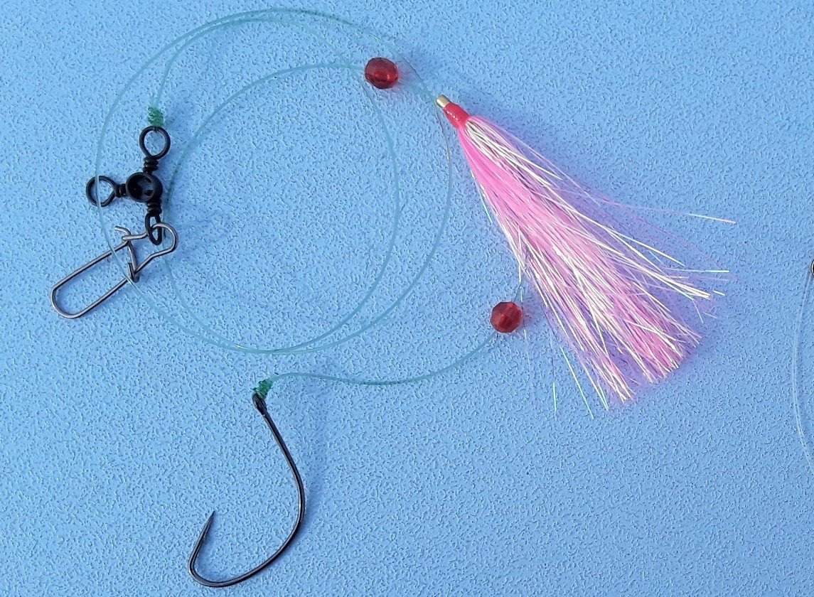 Black sea bass slayer: This simple fluke/black sea bass rig works great to hook black sea bass when on a fast drift. The red flashing teaser could be taken off a small lobster, a favorite food of black sea bass.