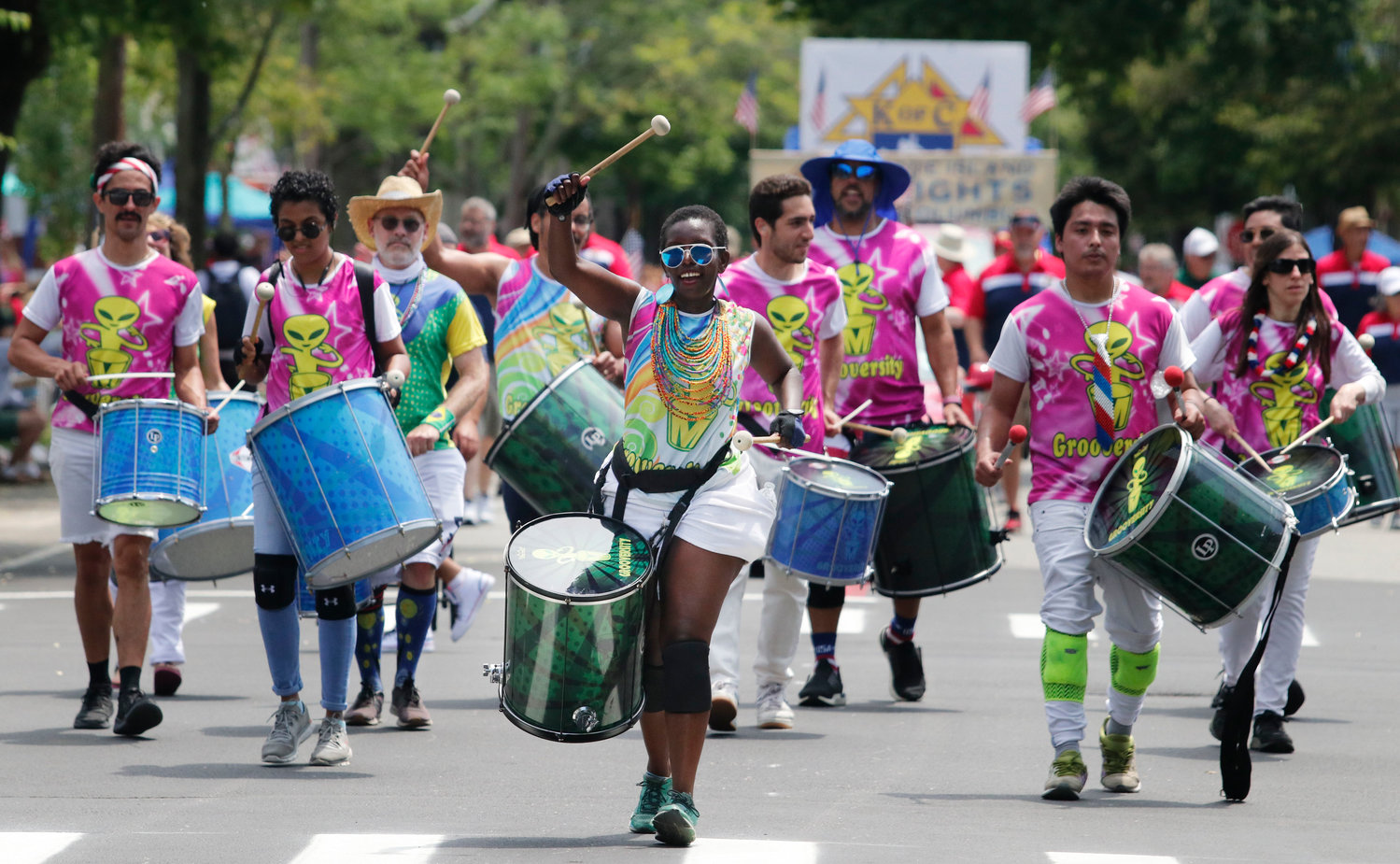The Grooversity Brazilian drum band brings energy and rhythm to the parade.