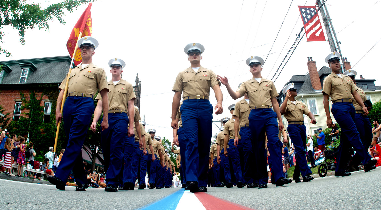 U.S. Marines march downtown.