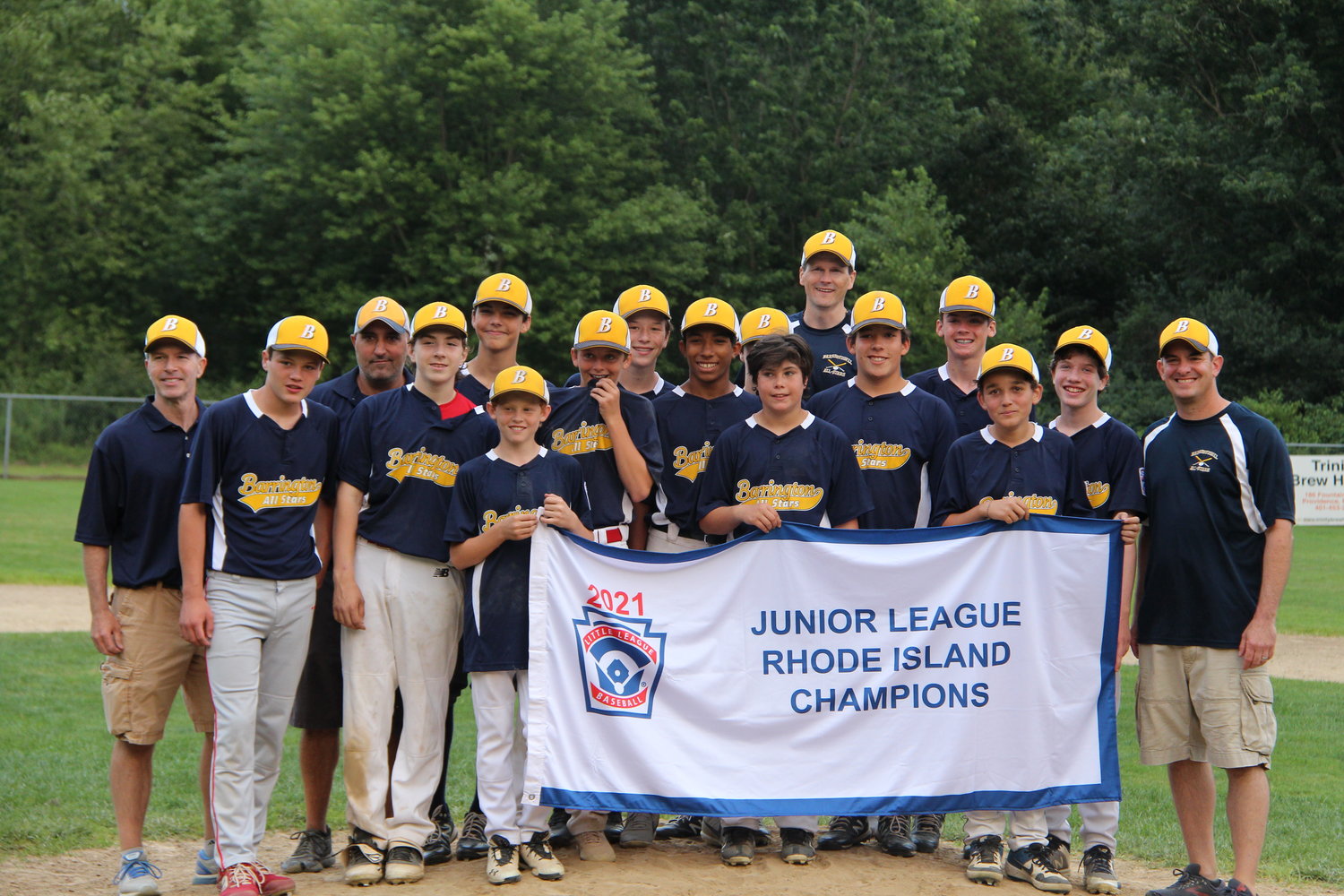Members of the Barrington Little League Junior Division All-Star team pose for a photo after winning the state championship on Sunday. Barrington defeated South Kingstown, 5-1, in the finals.