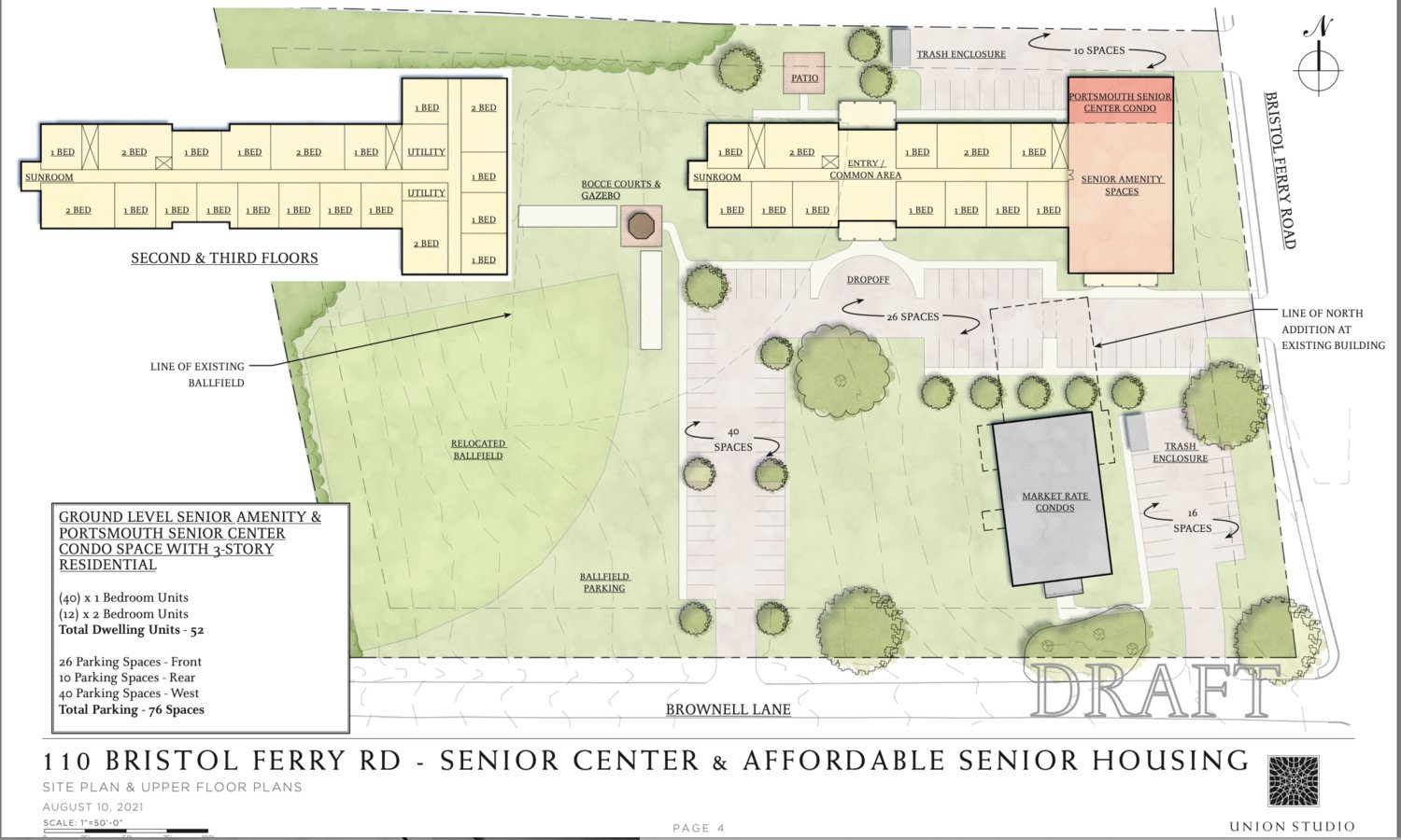 An overhead look at the layout of the proposed development. The yellow floor plan in the upper left is not a separate building, but rather the second and third floors of the affordable housing unit attached to the new proposed senior center at top right. Part of the existing senior center building, in gray, would remain but converted into market-rate condos to help with financing. Diagram also shows new parking, a gazebo and the relocated ball field.