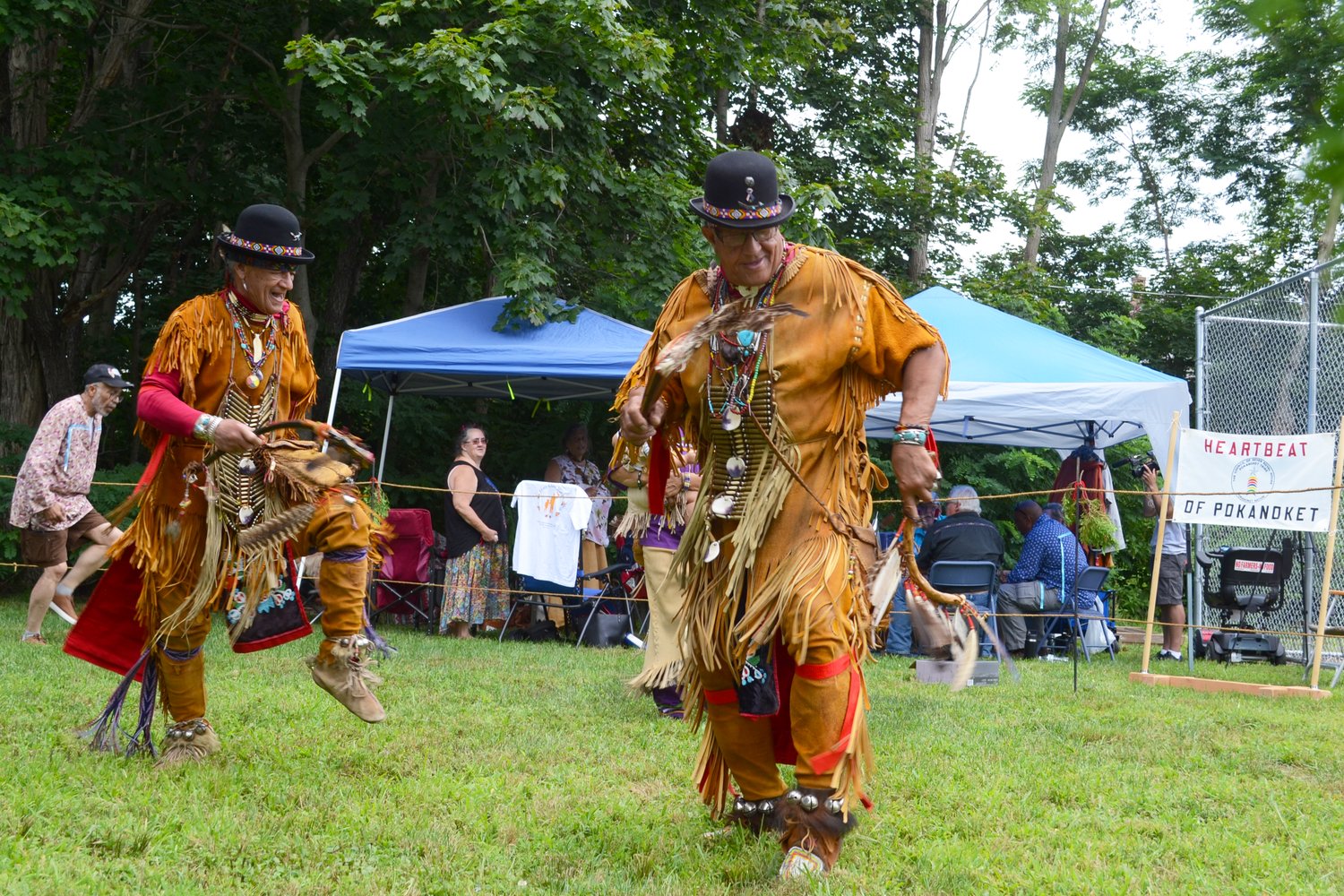 Lee Braveheart Edmonds and Harry Hawk Edmonds, brothers within the Pokanoket Tribe, put on an electrifying show of traditional dancing to begin the Pokanoket Heritage Day on Sunday at Burr’s Hill Park in Warren.