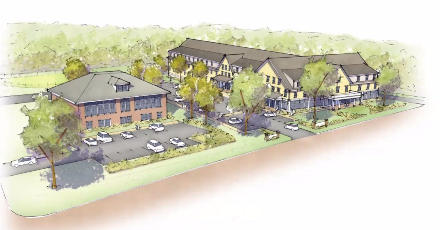 A rendering of what Church Community Housing’s proposed redevelopment of the Portsmouth Senior Center property off Bristol Ferry Road would look like. The building at left is the “historic” portion of the current senior center, which would remain and be converted into market-rate condos. The new senior center is at right (nearest Bristol Ferry Road), with the attached affordable housing unit for seniors behind it.