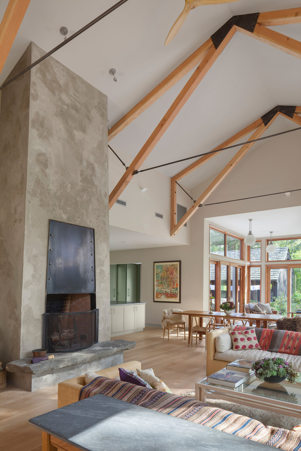 The towering chimney and bold trusses are important features. “This is a big space, so you need big elements,” said architect Gale Goff. “You can’t ignore what’s over your head, you want to design the entire space.”