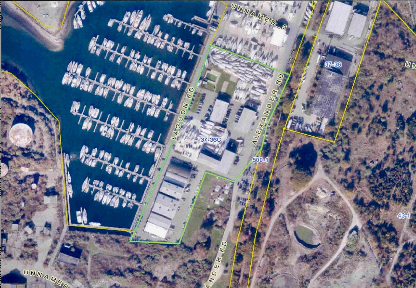 Safe Harbor’s new 70-foot-high storage building would be located at the top of this aerial photo, where boats are now being stored outside.