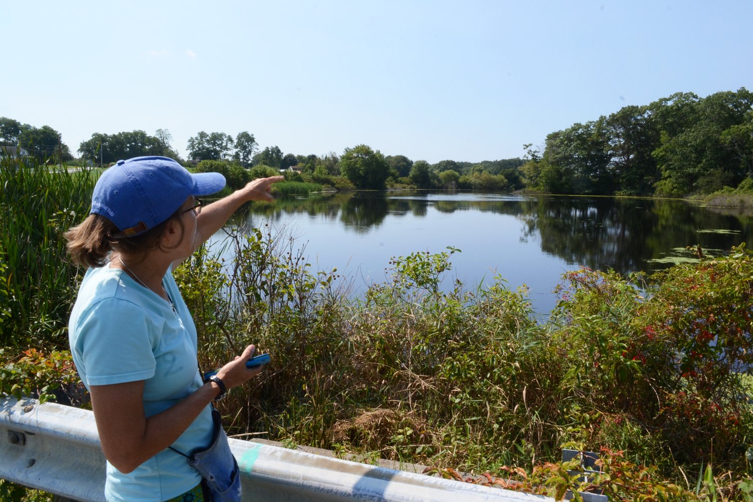 Wenley Ferguson, Director of Habitat Restoration for Save the Bay, looks out on the portion of the Kickemuit Reservoir just south of Schoolhouse Road. This scene will look much different once the two dams blockading the reservoir are demolished in the coming years.