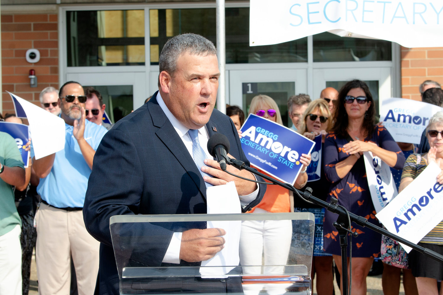 Representative Gregg Amore speaks while announcing his candidacy to be the Democratic nominee for Rhode Island's next Secretary of State during a press conference Wednesday afternoon, Sept. 15, held at his career-long place of employ,  East Providence High School.