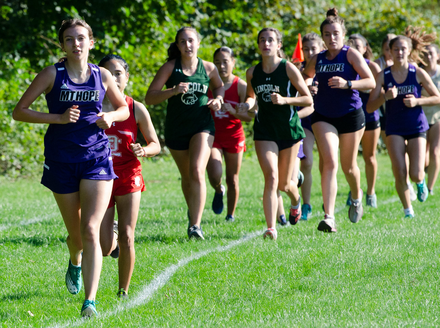 Huskies Sonia Bradley (left), Amelia Oliveira (mid-right) and Lucy O'Brien run with the pack through the field portion of the race.