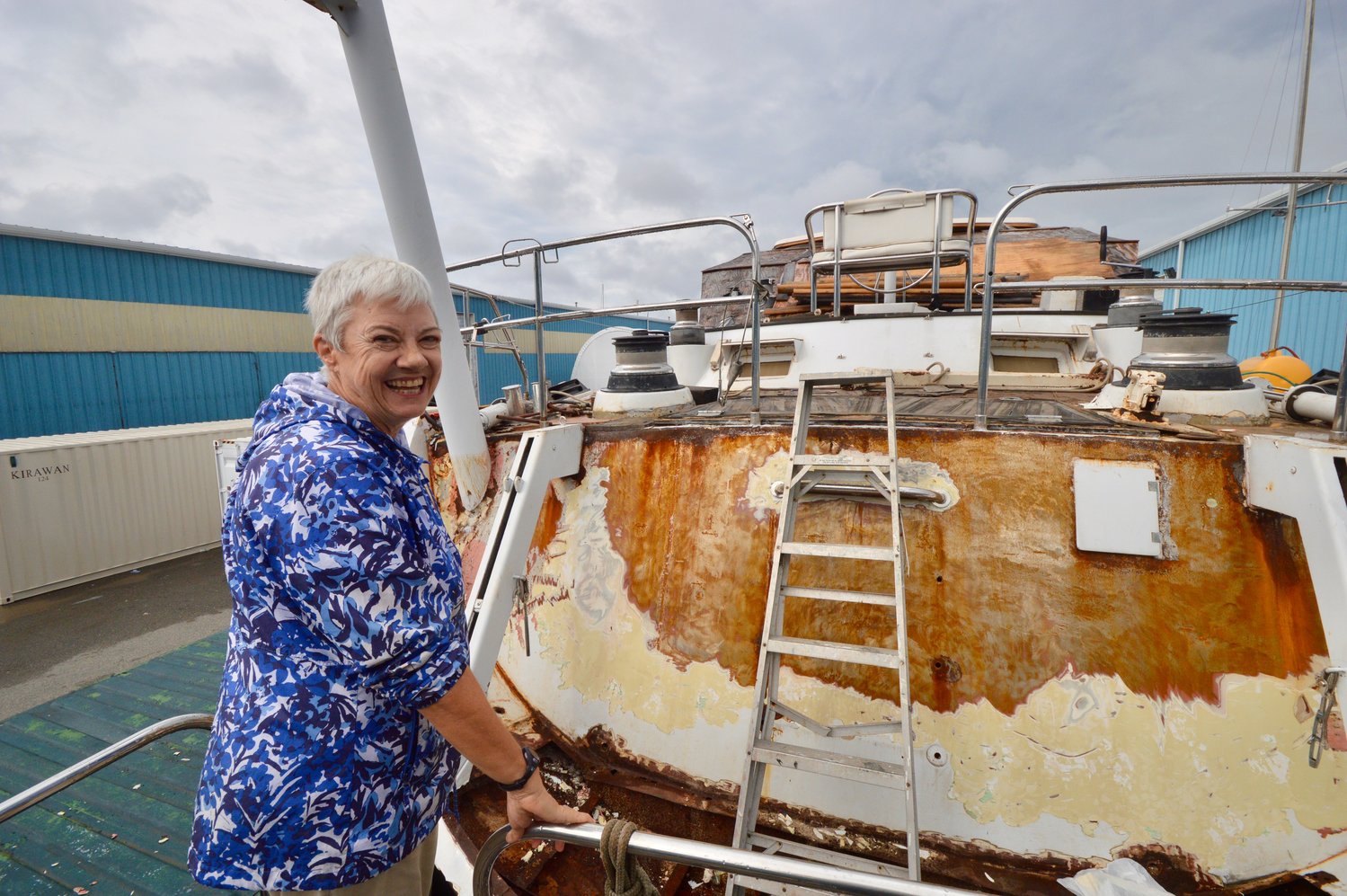 Capt. Ann Ford at the stern of the Pacific Star, which is undergoing a major restoration.