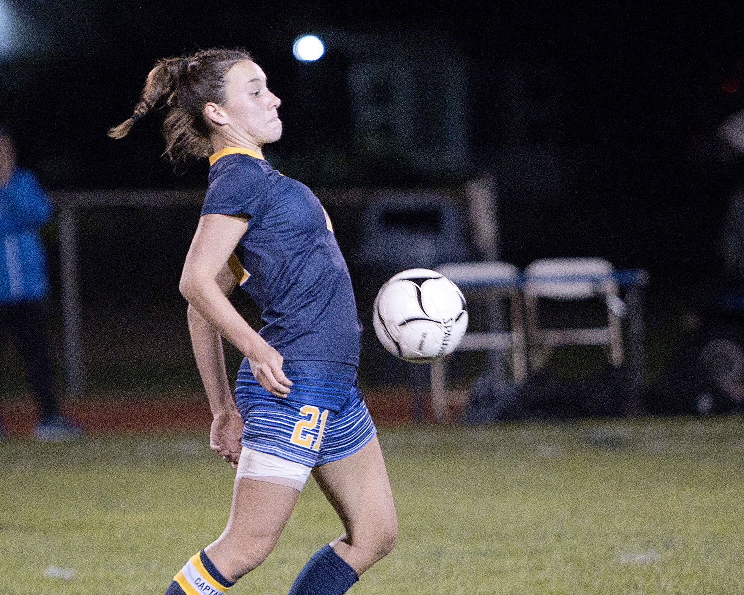 Sarah Yee controls a pass at mid-field while competing against Cumberland, Friday.