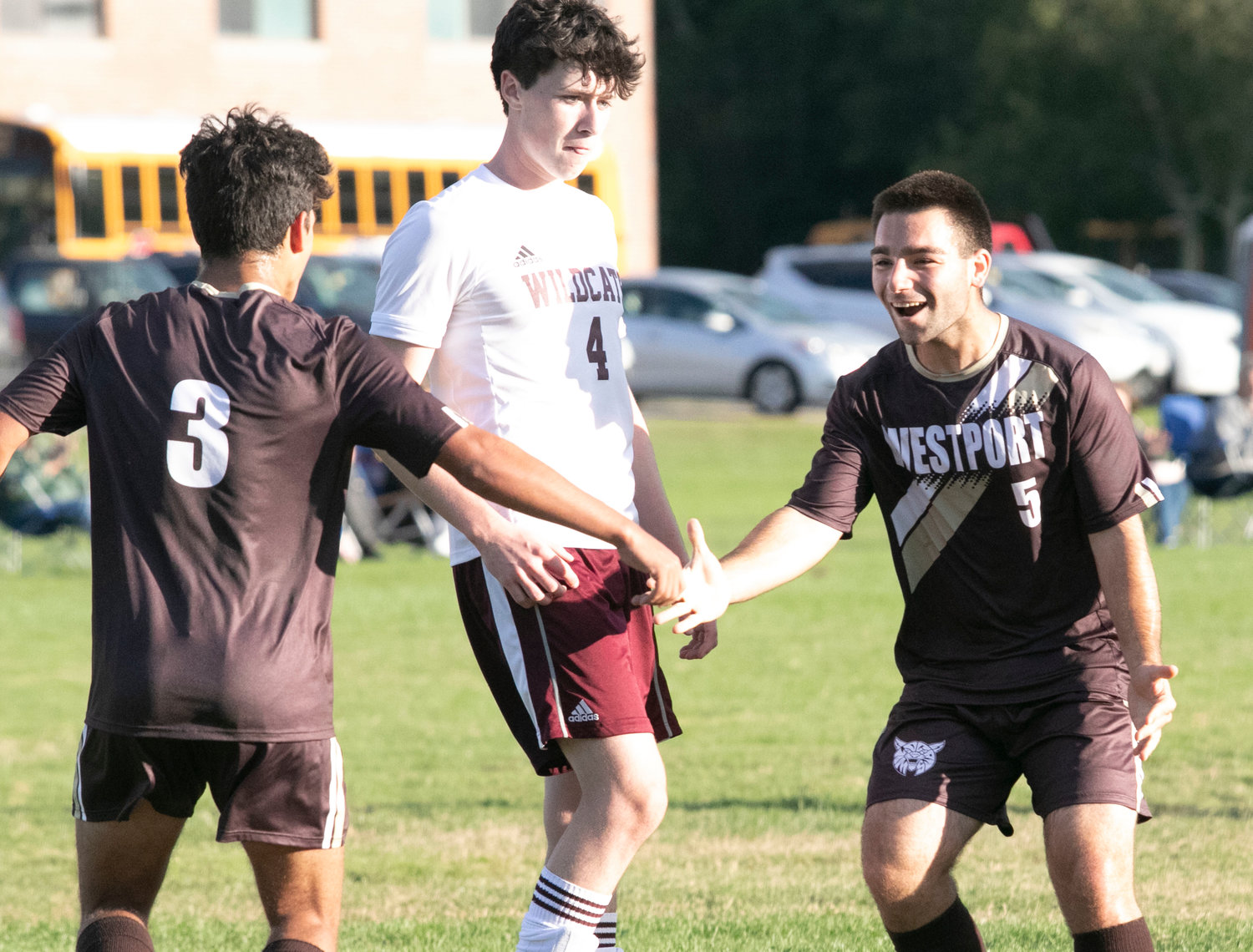 Wildcats co-captain, Nick Arruda (right) celebrates with Antonio Dutra-Africano after he scored a goal in the team's, 1-1 tie with West Bridgewater. 