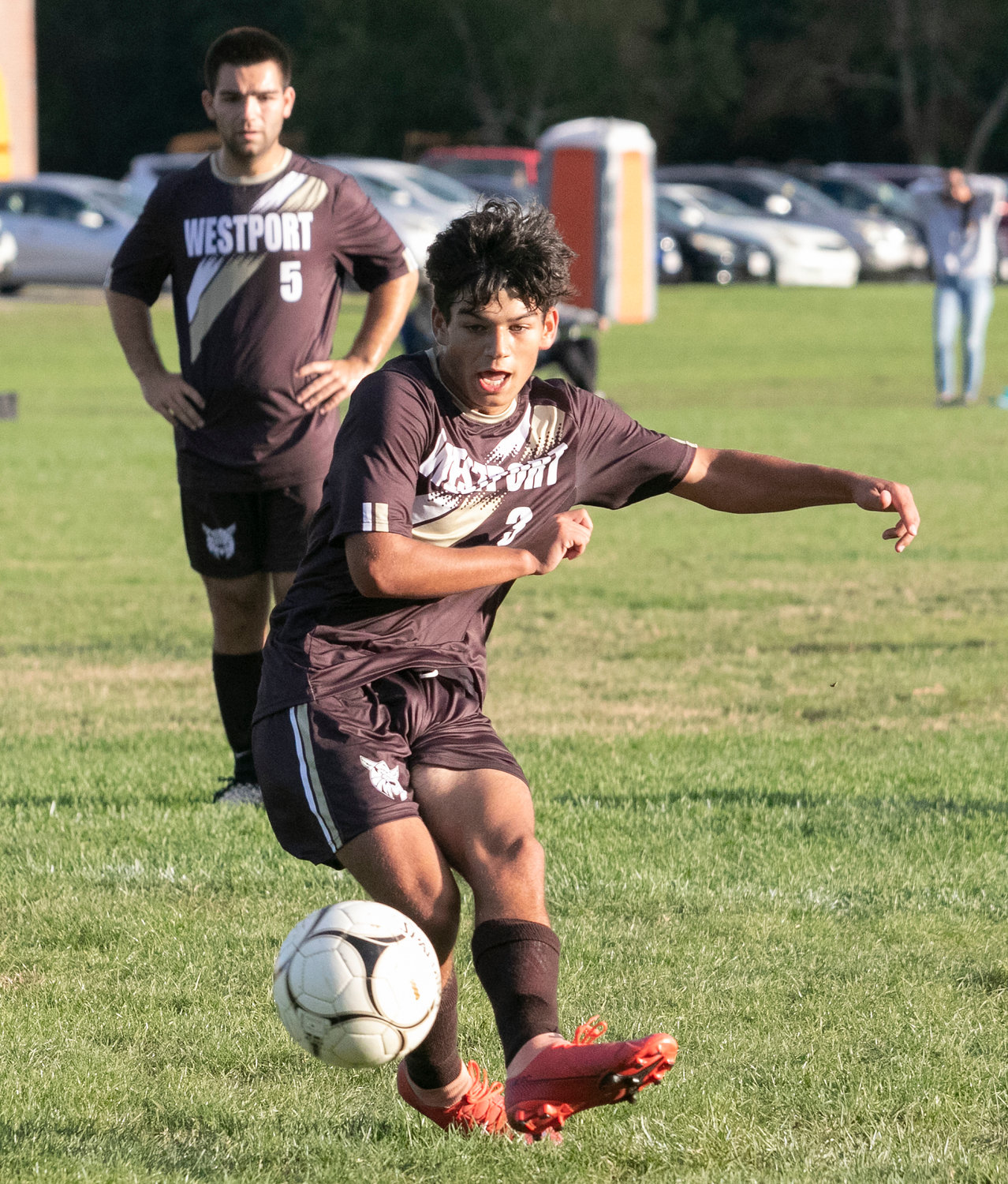 Junior, Antonio Dutra-Africano, blasts a penalty kick to the right of the West Bridgewater goalkeeper to even the score at, 1-1, during a home game on Thursday, 9/30.