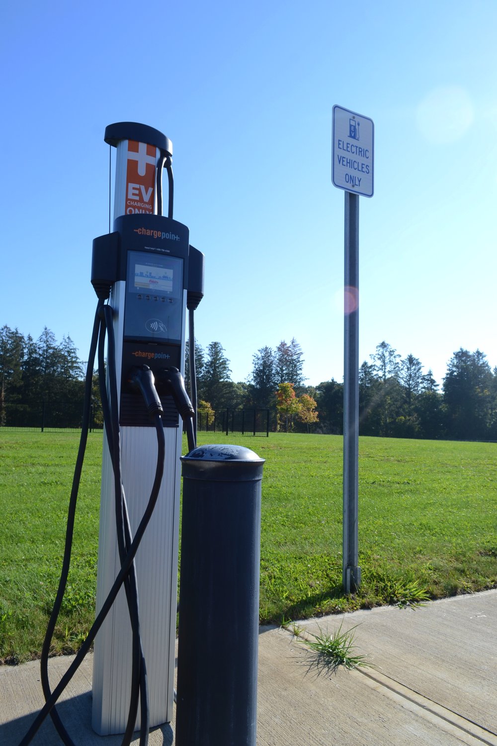 An electric charging station sits outside the Rhode Island Veterans Home.