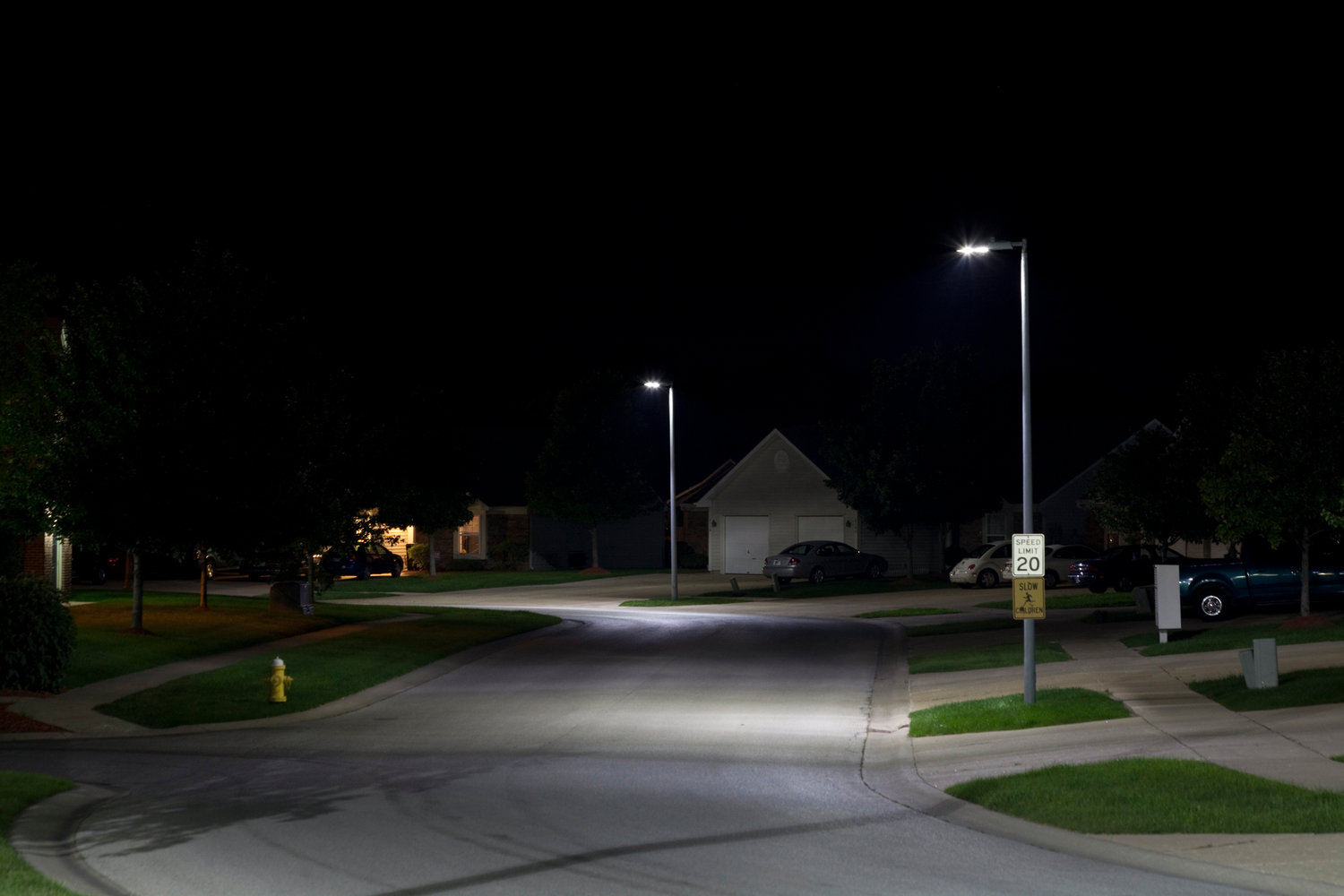 A typical residential neighborhood with LED streetlights as depicted by the U.S. Department of Energy.