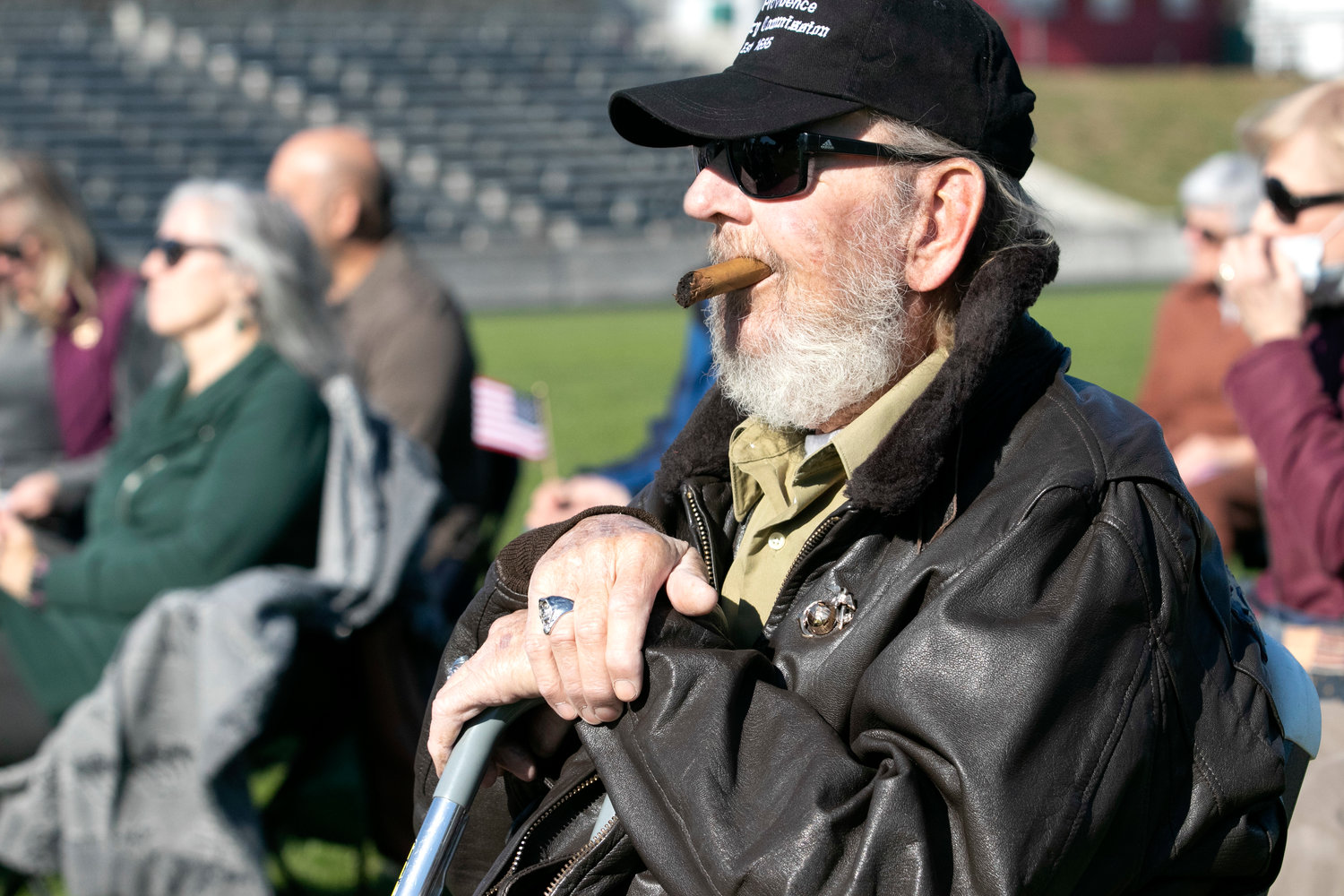 Michael Znosko, a Marine veteran and caretaker of the Little Neck Cemetery in Riverside, listens on during the Veterans Memorial Expressway rededication ceremony Saturday, Nov. 6, at Pierce Memorial Stadium.