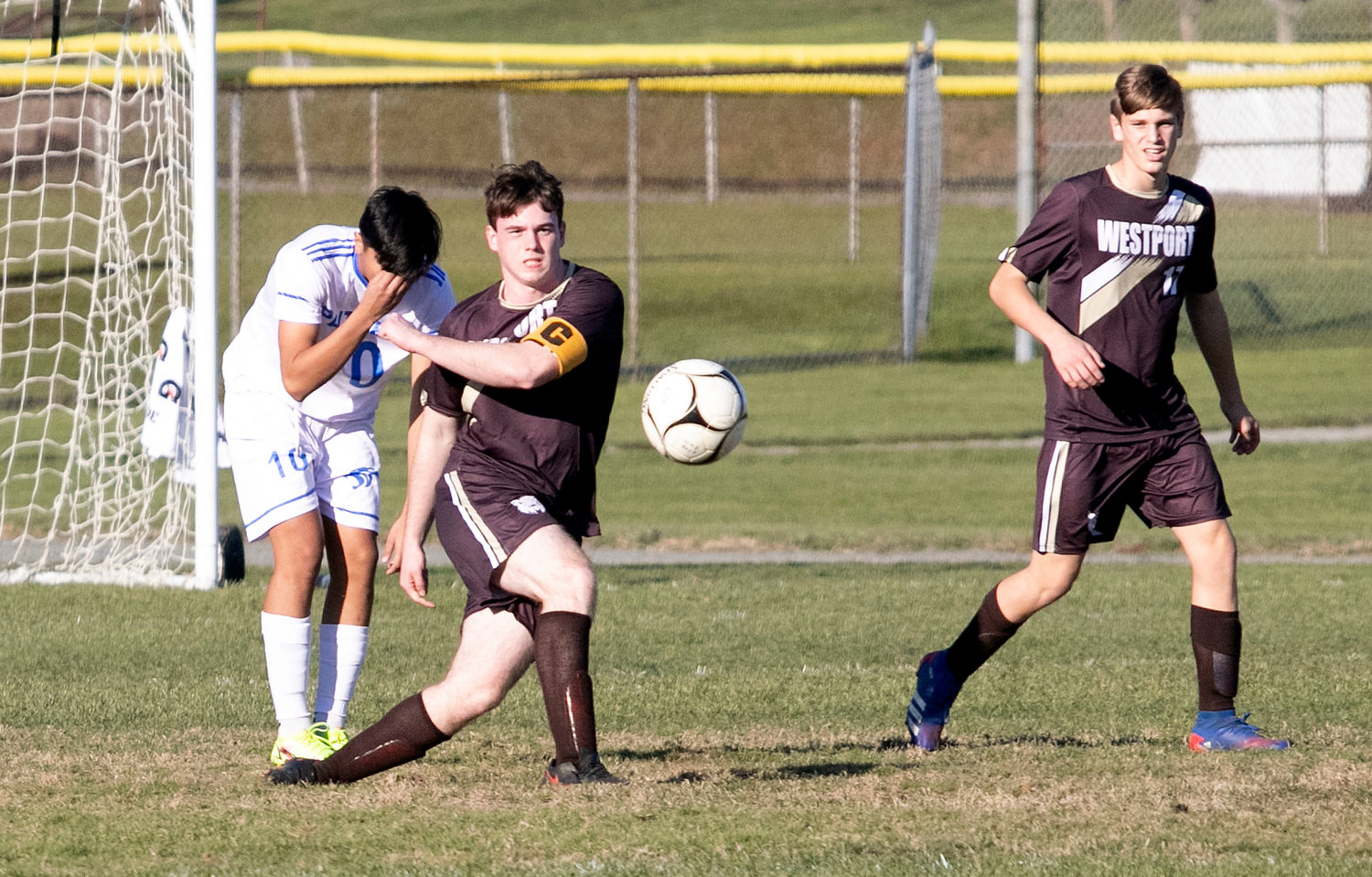 Co-captain John Letendre clears the ball out after thwarting a KIPP scoring bid. Ryan Borge is right.