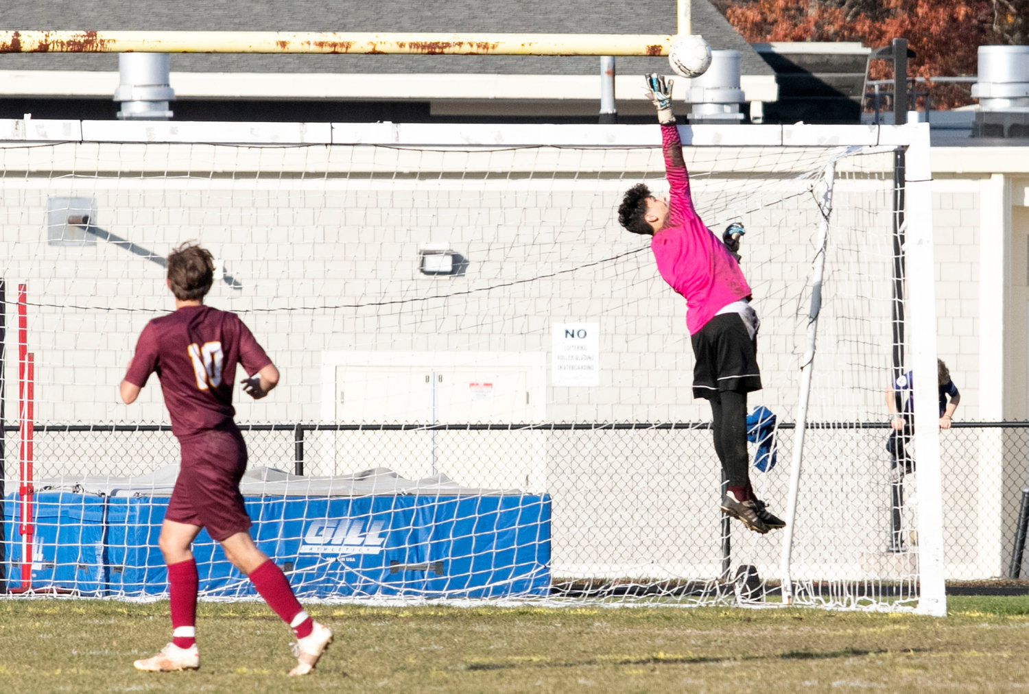 Sama makes a save and sends a shot over the crossbar in the second half.