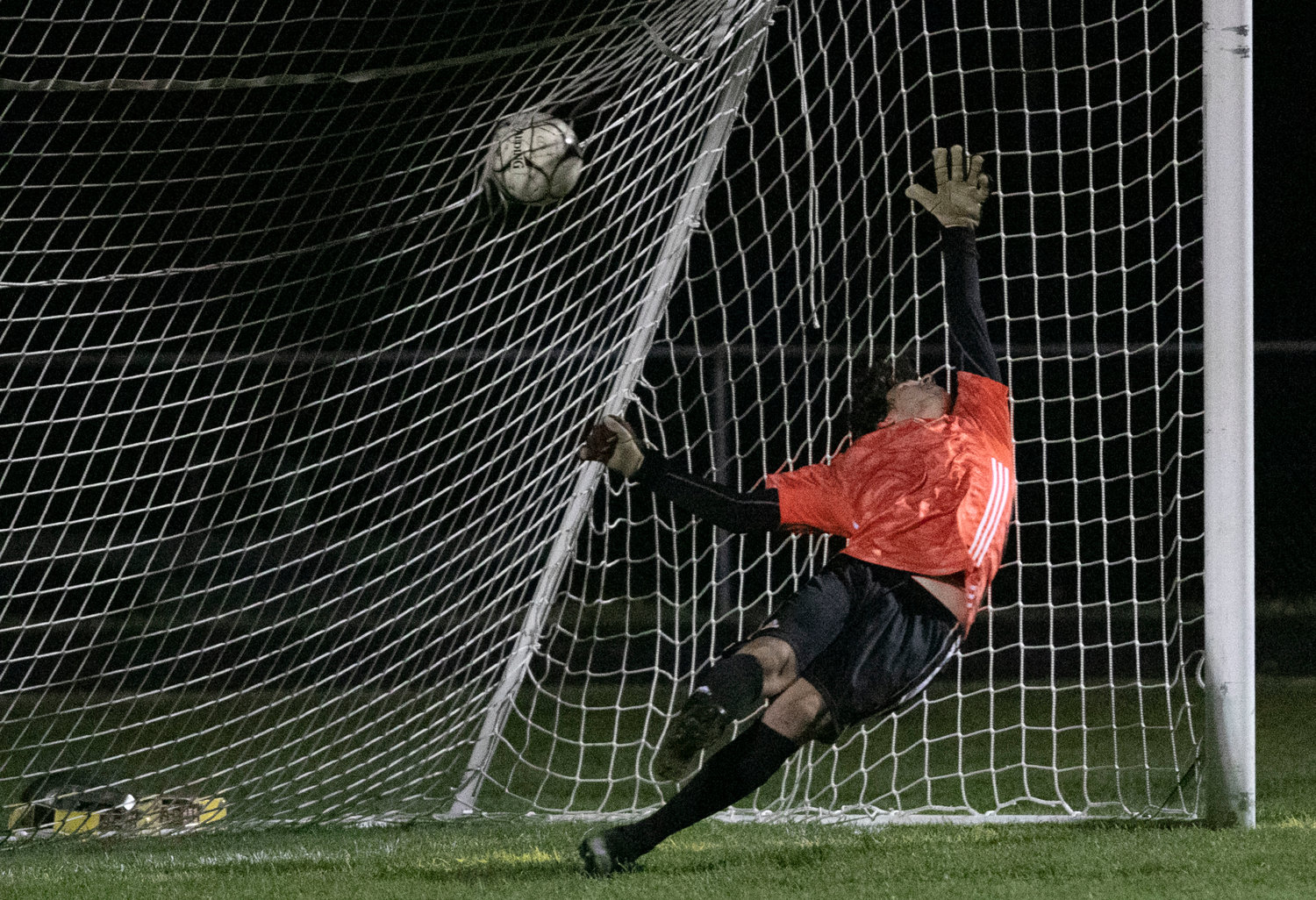 Matt Terceiro attempts to save a penalty kick in the second half.
