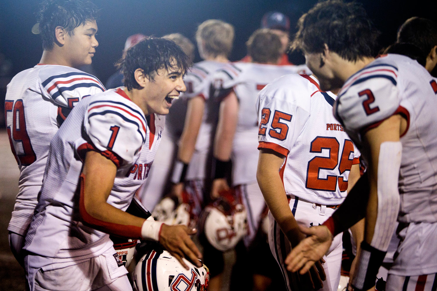 Carson Conheeny (left) celebrates with Benny Hurd after the Patriots beat Cumberland 24-7.