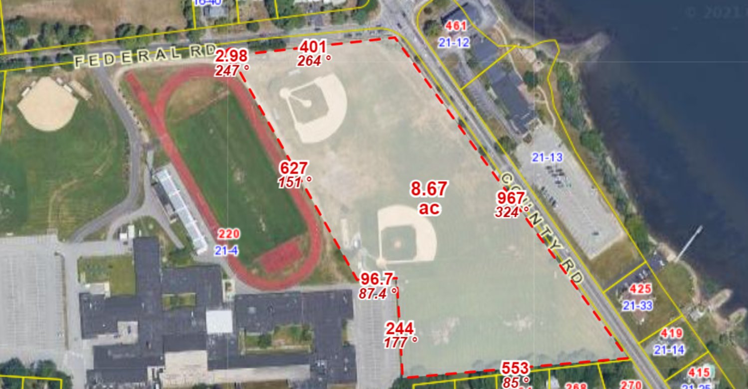 This aerial image shows the section of Barrington High School athletic fields that would be covered in artificial turf.