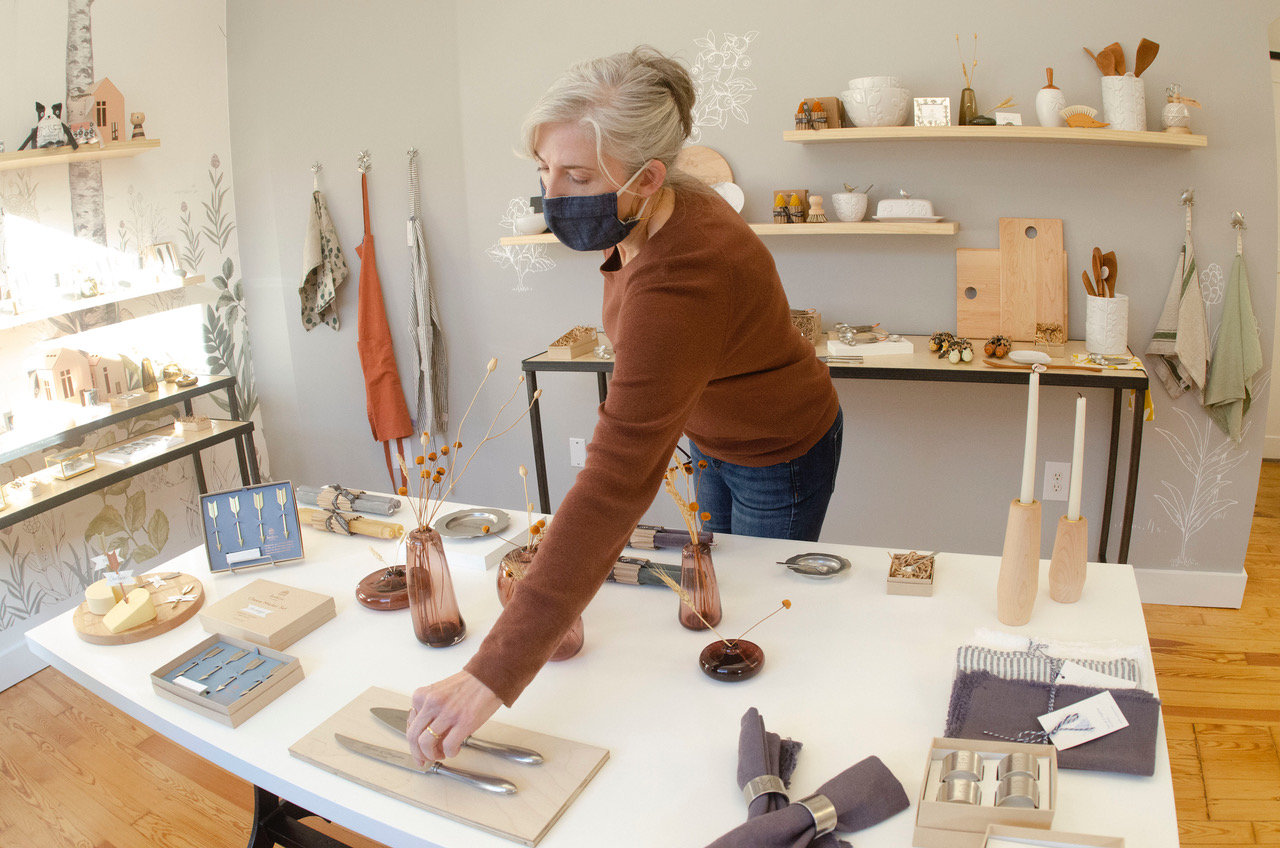 A bright and welcoming showroom under the same roof as their fabrication space offers jewelry, pottery and functional metal crafts created by Bozanelli and Dowd, along with curated work from other wood, glass and textile artists.