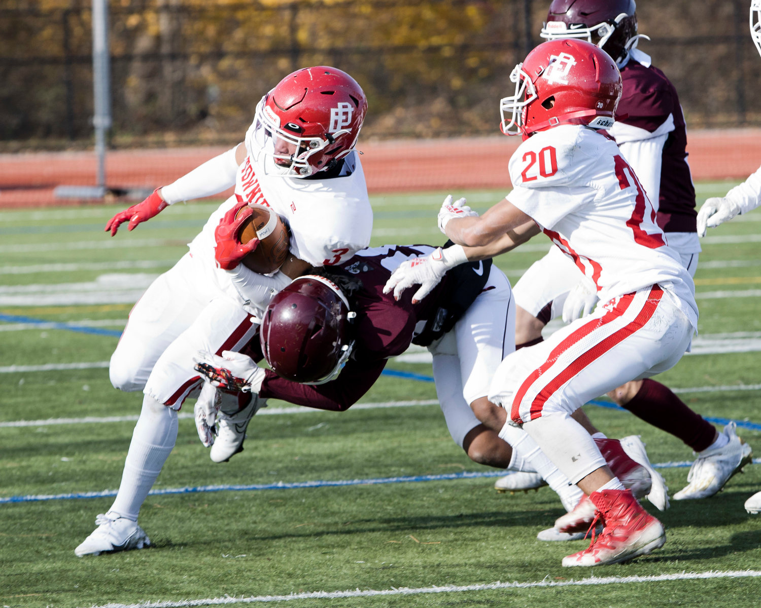 East Providence’s Joel Arias is late to block as Yusef Abdullah is tackled by a LaSalle defender.