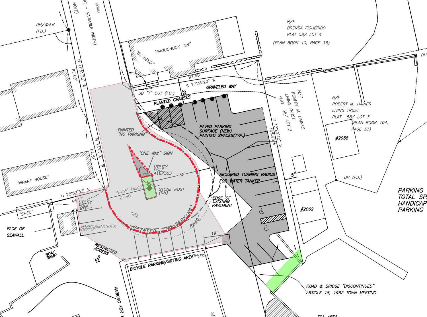 This diagram presented to the Select Board last week shows how the turnaround radius at Westport Point will be marked (in red), providing funds are found. Note that the graphic includes work that will not be done at this time — namely, parking and striping nearly two dozen parking spots to the east of Main Road's terminus.