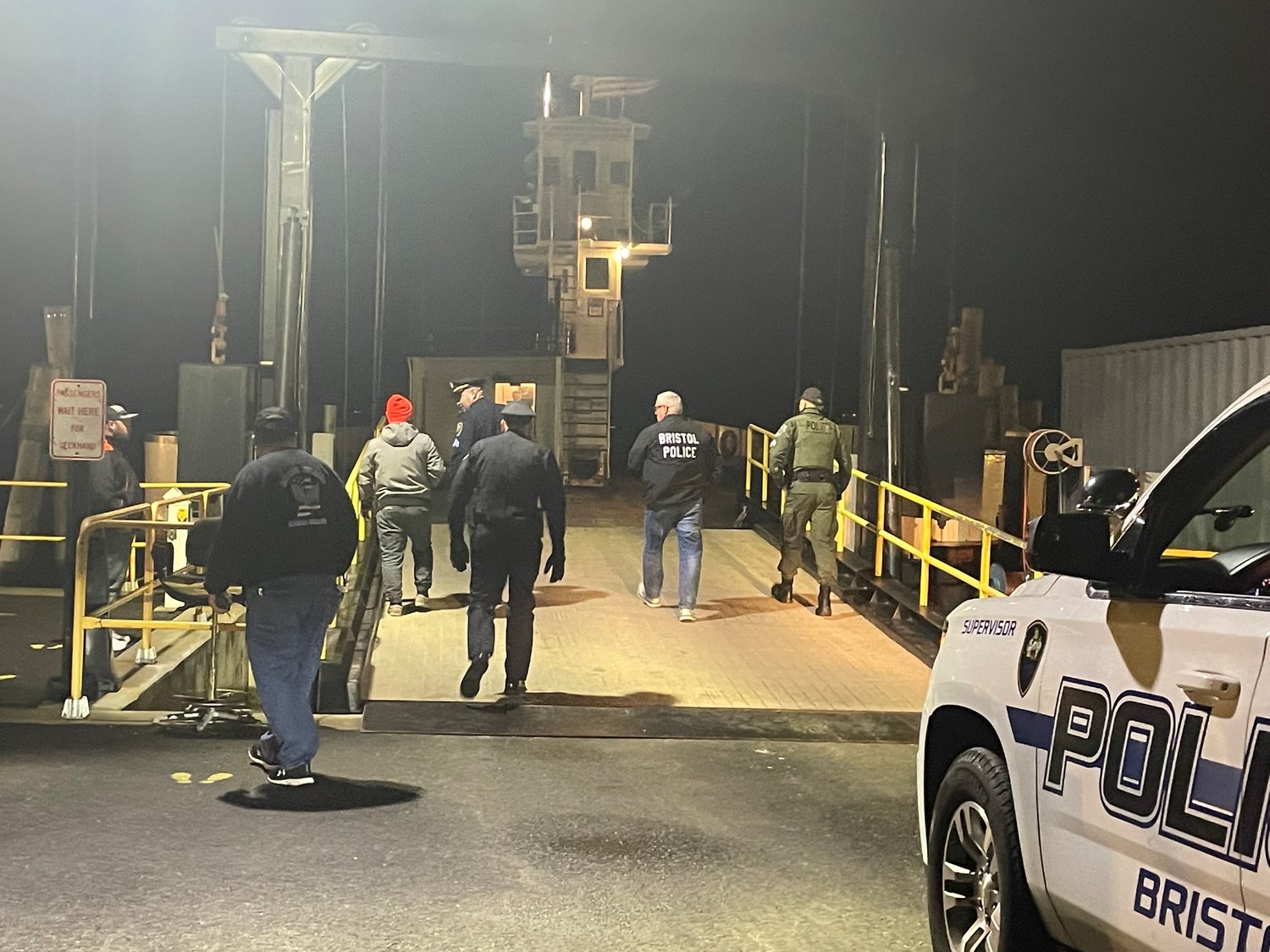 First responders, including Police Chief Kevin Lynch, boarded the Prudence Island Ferry shortly after it docked around 8:30 p.m. Monday, Dec. 6..