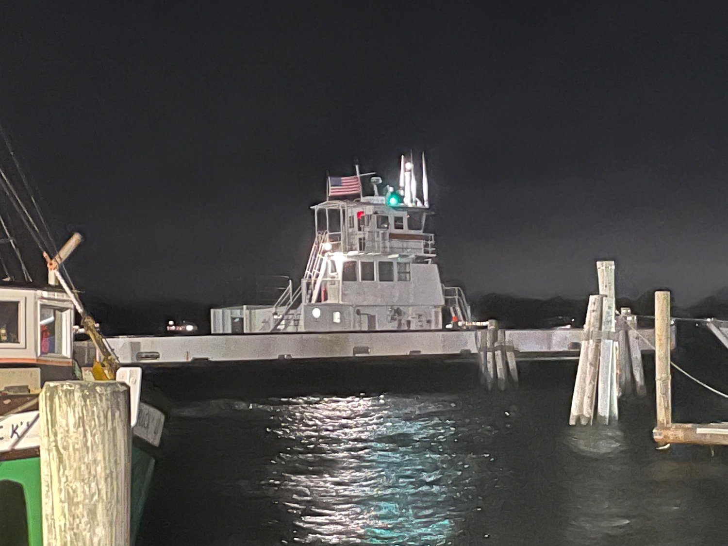 The Prudence Island Ferry arriving in Bristol several hours after reporting a passenger overboard around 6 p.m. on Monday, Dec. 6.