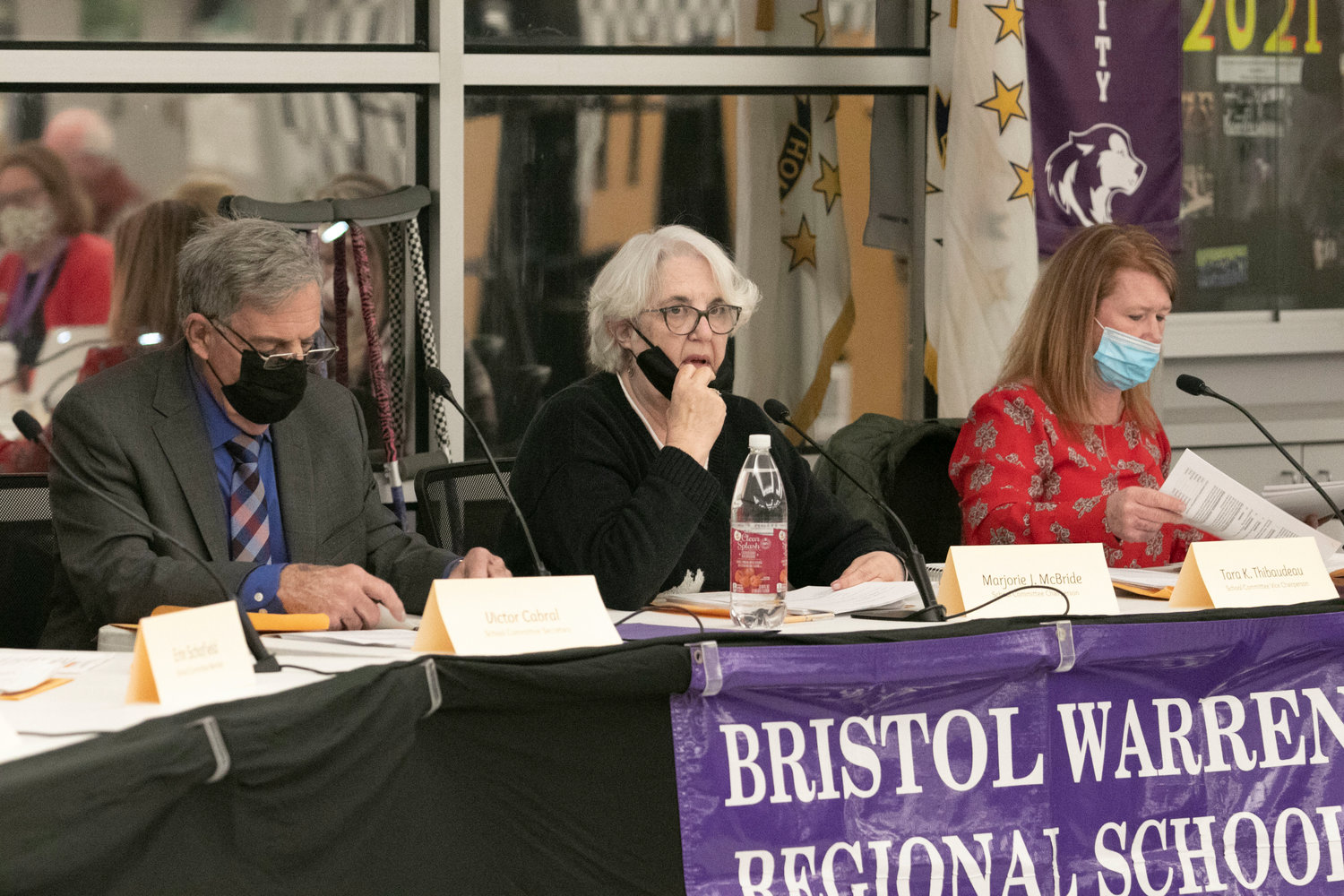 School Committee Chairperson Marjorie McBride informed the public that masks would be mandated and enforced at the beginning of the meeting. To her right, Vice Chairperson Tara Thibaudeau opted to wear a mask during the meeting as well.