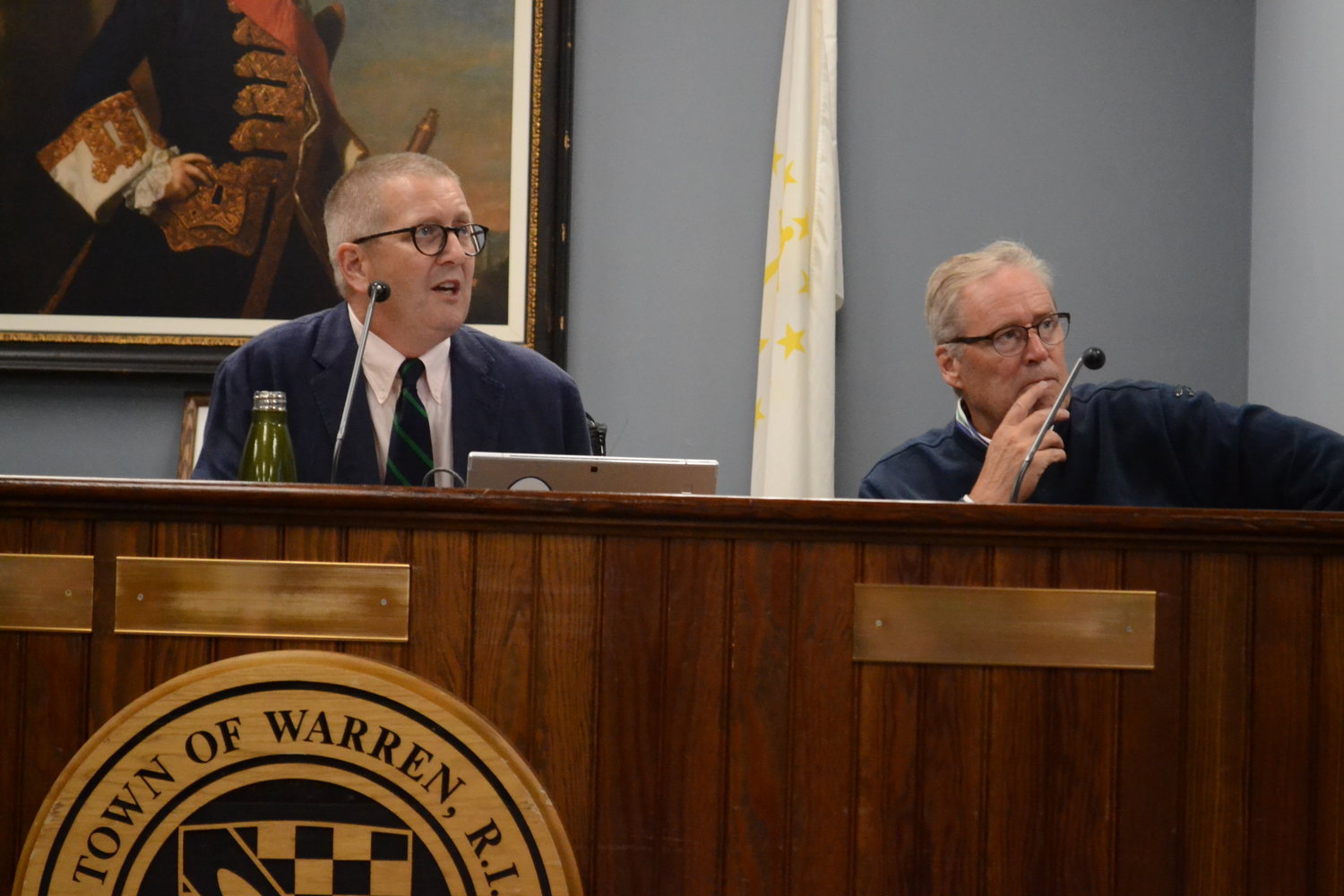 Town Planner Bob Rulli (right), with Arnold Robinson, Regional Director of Planning for Fuss & O’Neill, during a public meeting session on the Market to Metacom redevelopment plan in September of 2021.