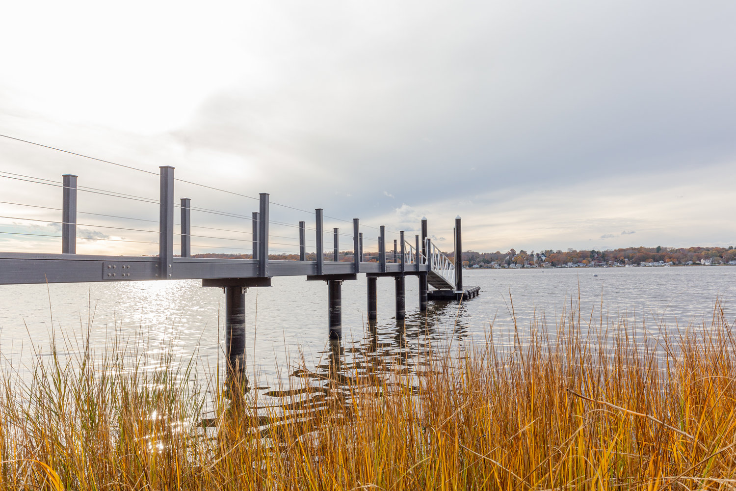 This angle shows the single line of pilings that support the Touisset dock. A series of four single pilings extends from shore into the water, before they fan out to double pilings at the end of the dock.