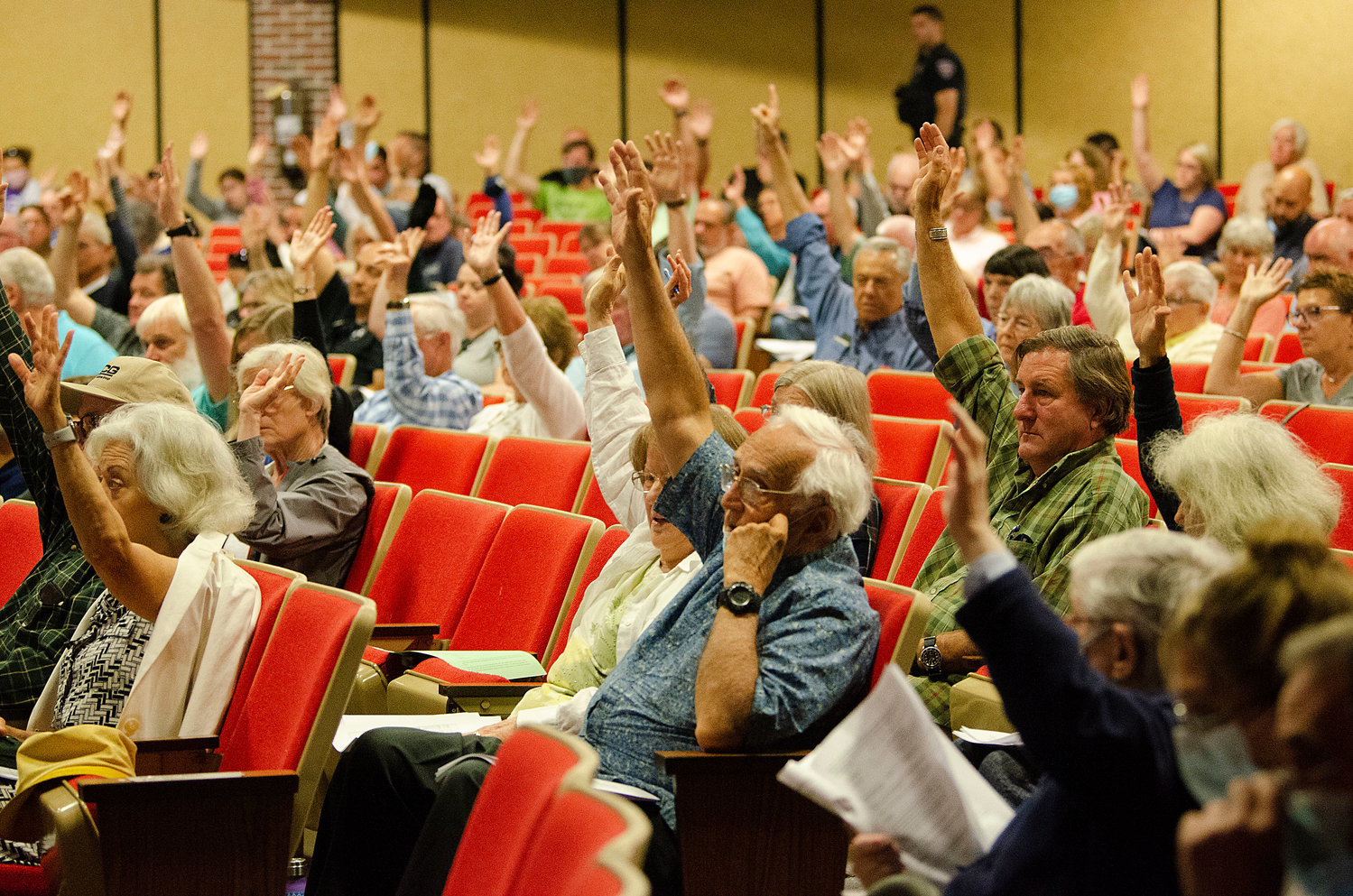 Voters show their hands at last year's town meeting.