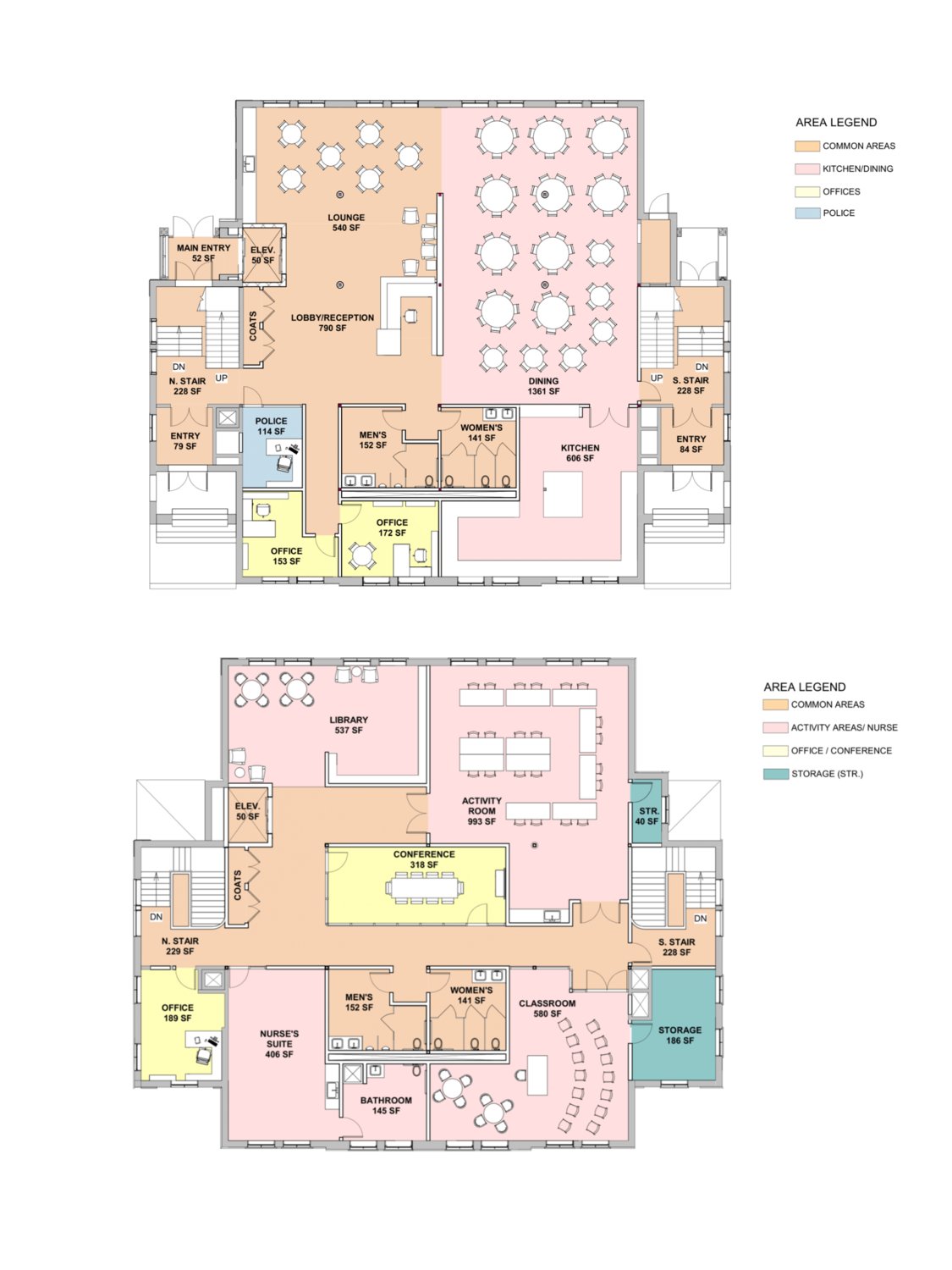 Floor plans showing the first floor (top image), and second floor (bottom image) show the variety of rooms outlined in the Town’s plans for the redesigned and refurbished Walley School, which would provide space for a wide variety of community activities.