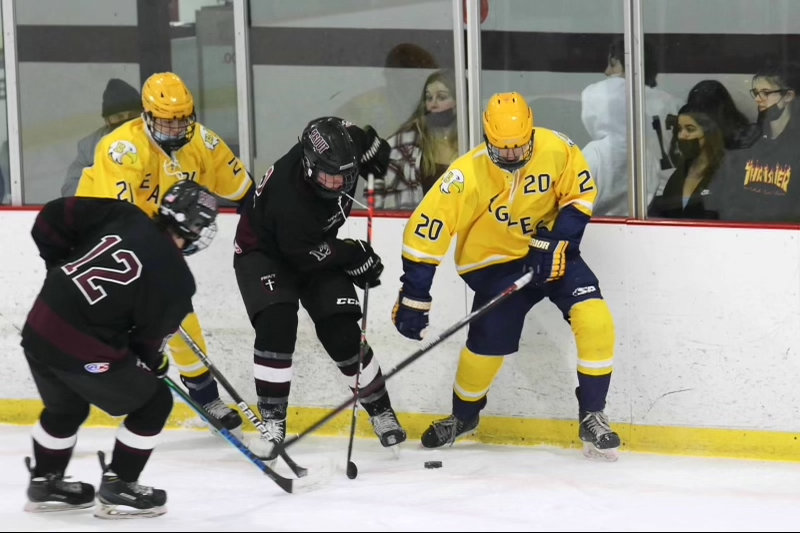 Barrington High School freshman Henry Kelsey battles a Prout player for the puck.