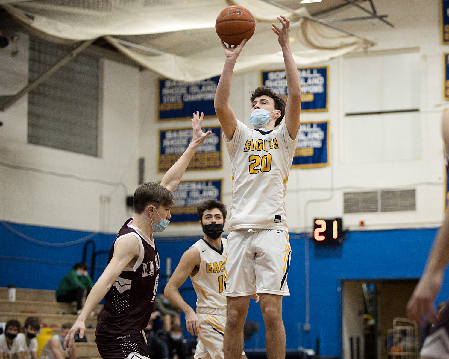 Nick Scandura shoots for three early, in the first half of Monday's game against LaSalle.