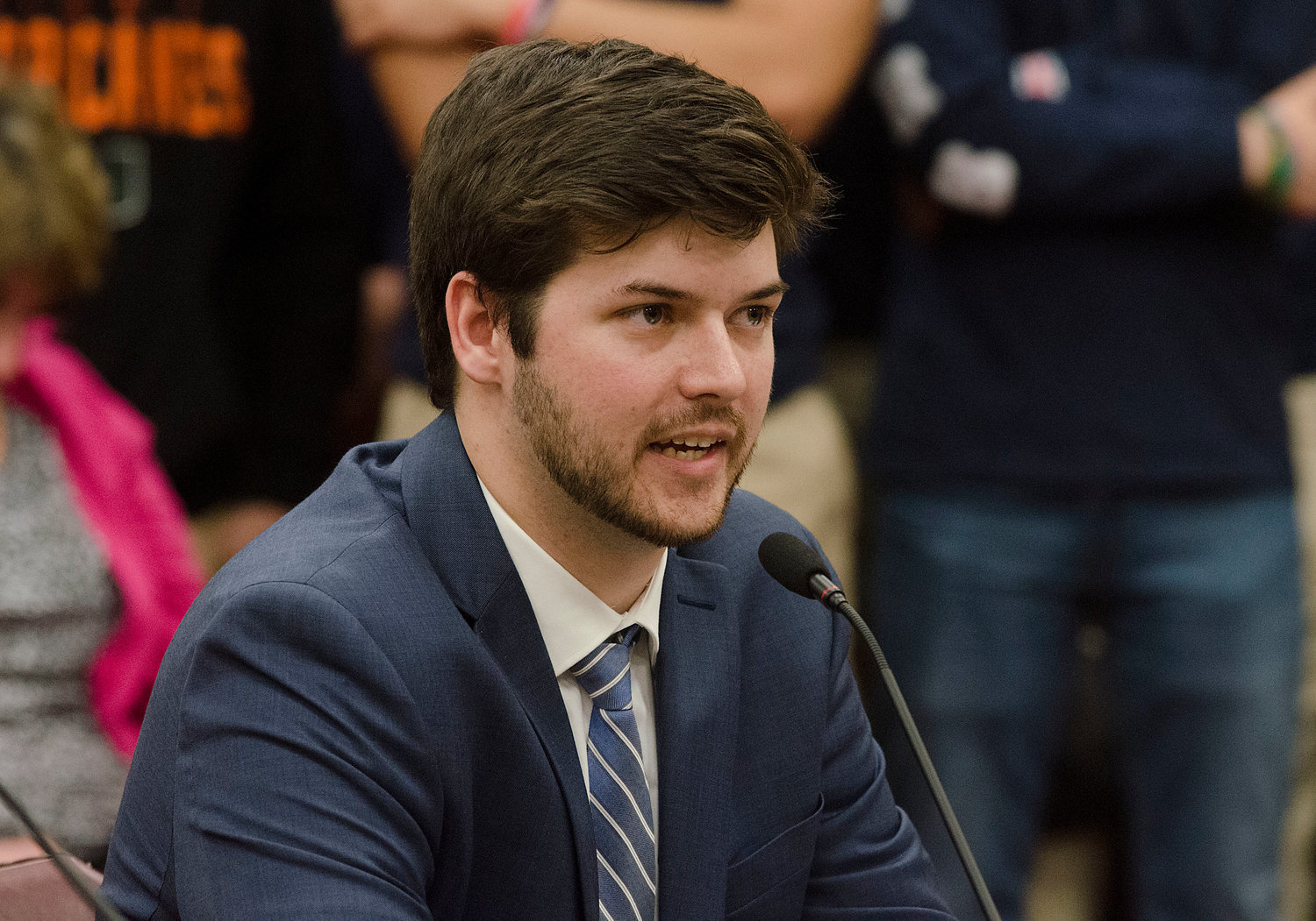 Steven Peterson, executive director of Be Great for Nate, testifies in support of a suicide prevention training bill at the State House in March 2019.