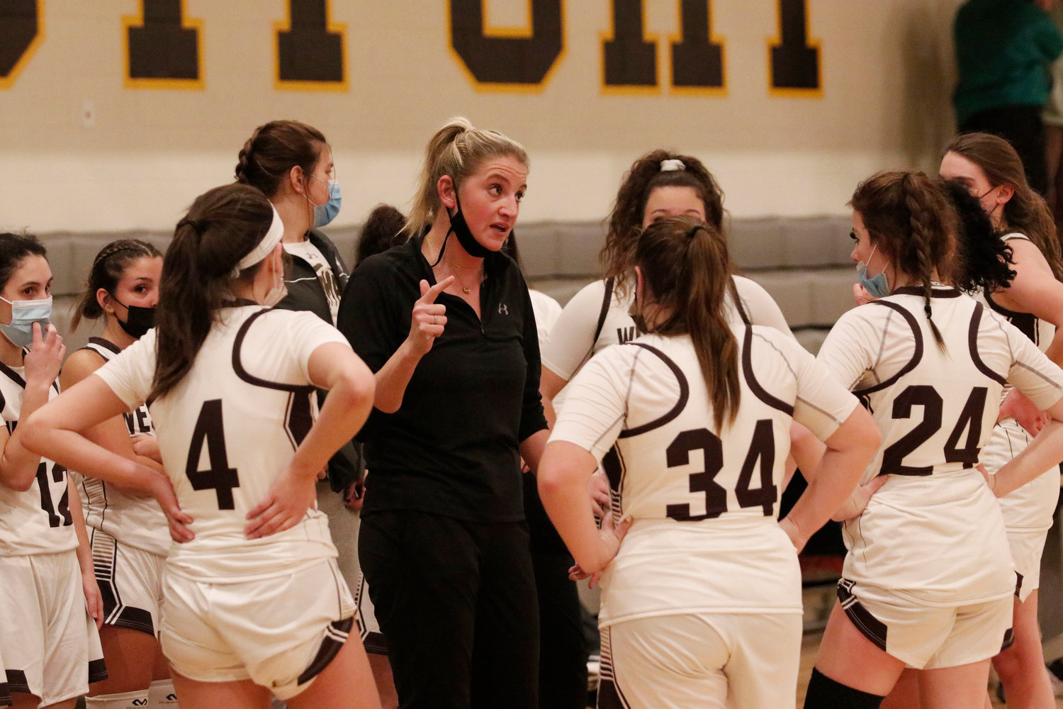 Westport head coach Jen Gargiulo speaks to the team during a time out during their home game against Bourne this season. She'll miss her seniors and look forward to see who steps up and into different roles next season.