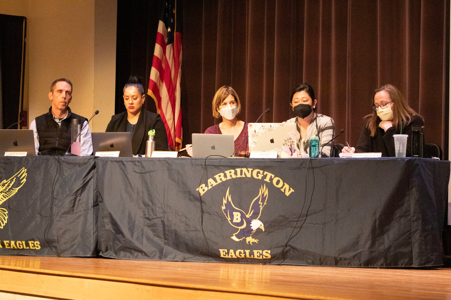 Members of the Barrington School Committee are shown during Wednesday night’s meeting. They are (from left to right) Patrick McCrann, Amanda Basse, Erika Sevetson, Gina Bae and Megan Douglas.