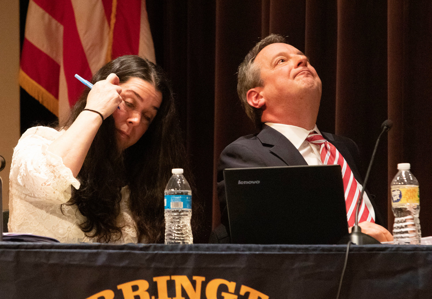 Attorney Greg Piccirilli reacts in frustration during a portion of the appeal hearing on Thursday night. Piccirilli represents teachers Kerri Thurber (left), and Brittany DiOrio and Stephanie Hines (not shown).