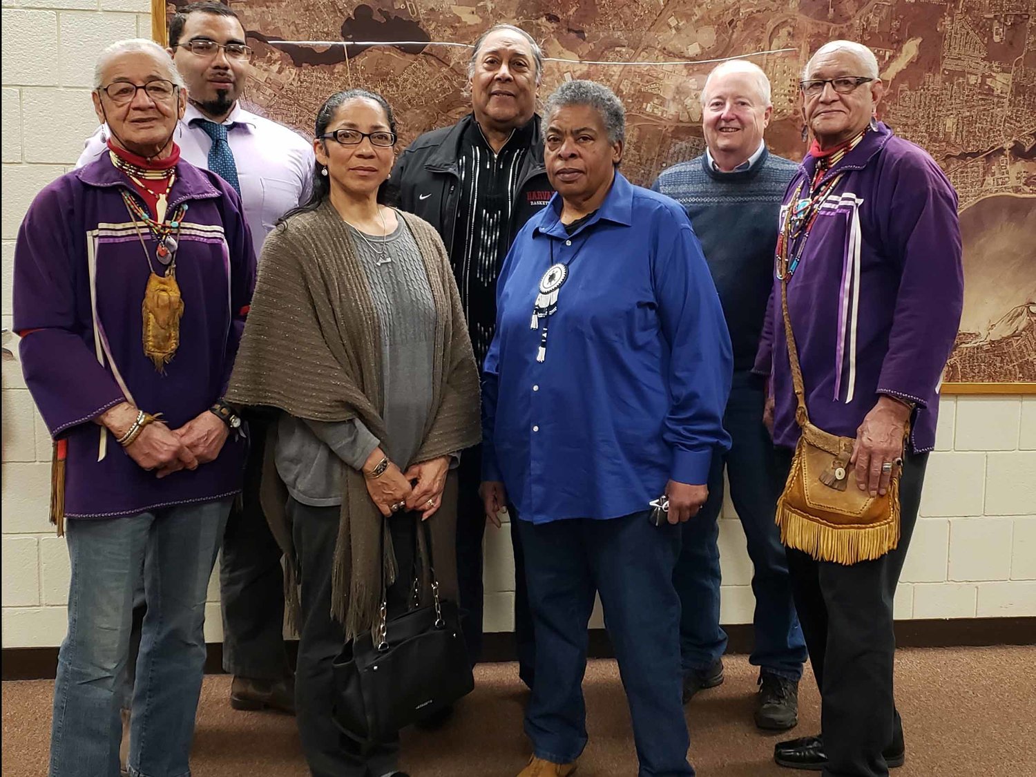 Members of the Pokanoket Massasoit Ousamequin who attended the April 5 City Council meeting acknowledging East Providence as the tribe’s ancestral home in the Sowams area included (from left to right) Lee “Brave Heart” Edmonds, Donald “Strong Turtle” Brown, Tracey “Dancing Star” Brown, Dr. William “Winds of Thunder” Guy, Elsie “Sunflower” Morrison, Dr. David Weed and Harry “Hawk” Edmonds.