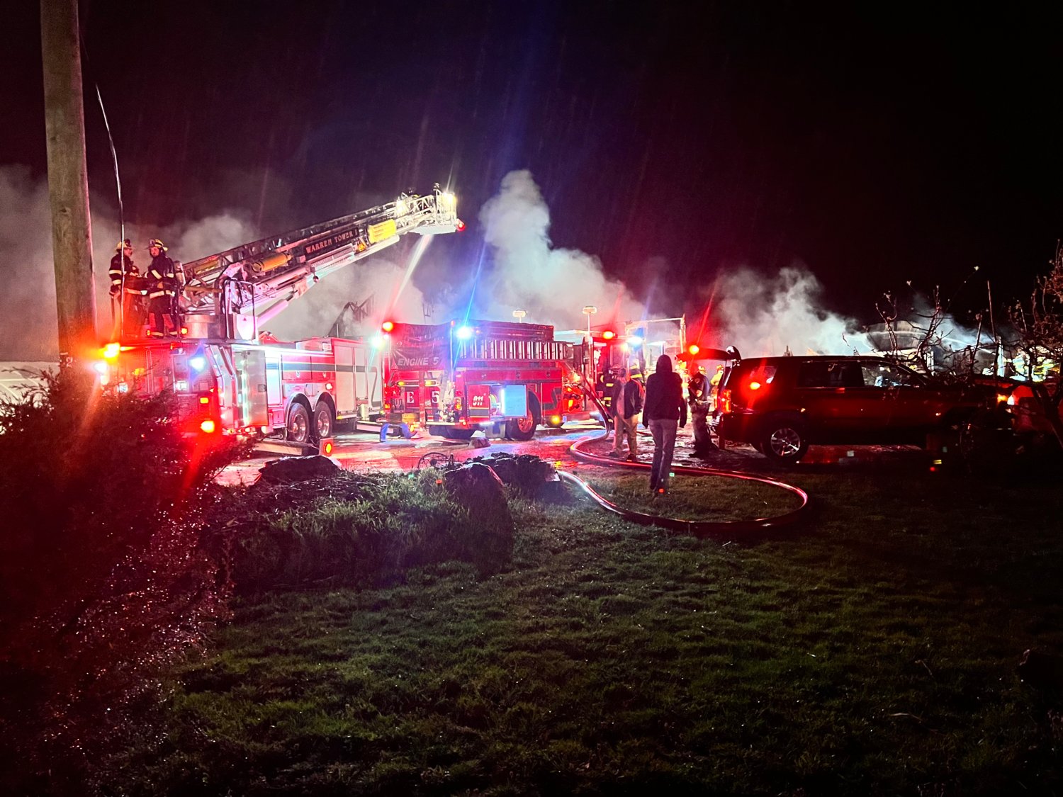 Warren Fire Department apparatus battled the fire in Touisset on Saturday night and into the morning of Sunday, April 17.
