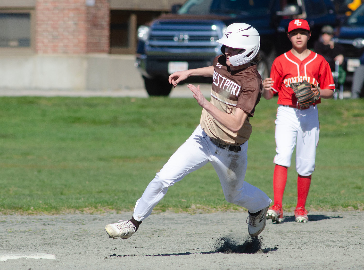 Cam Leary rounds second base and heads for third on Ben Boudria’s double in the second inning. Leary scored on the play.