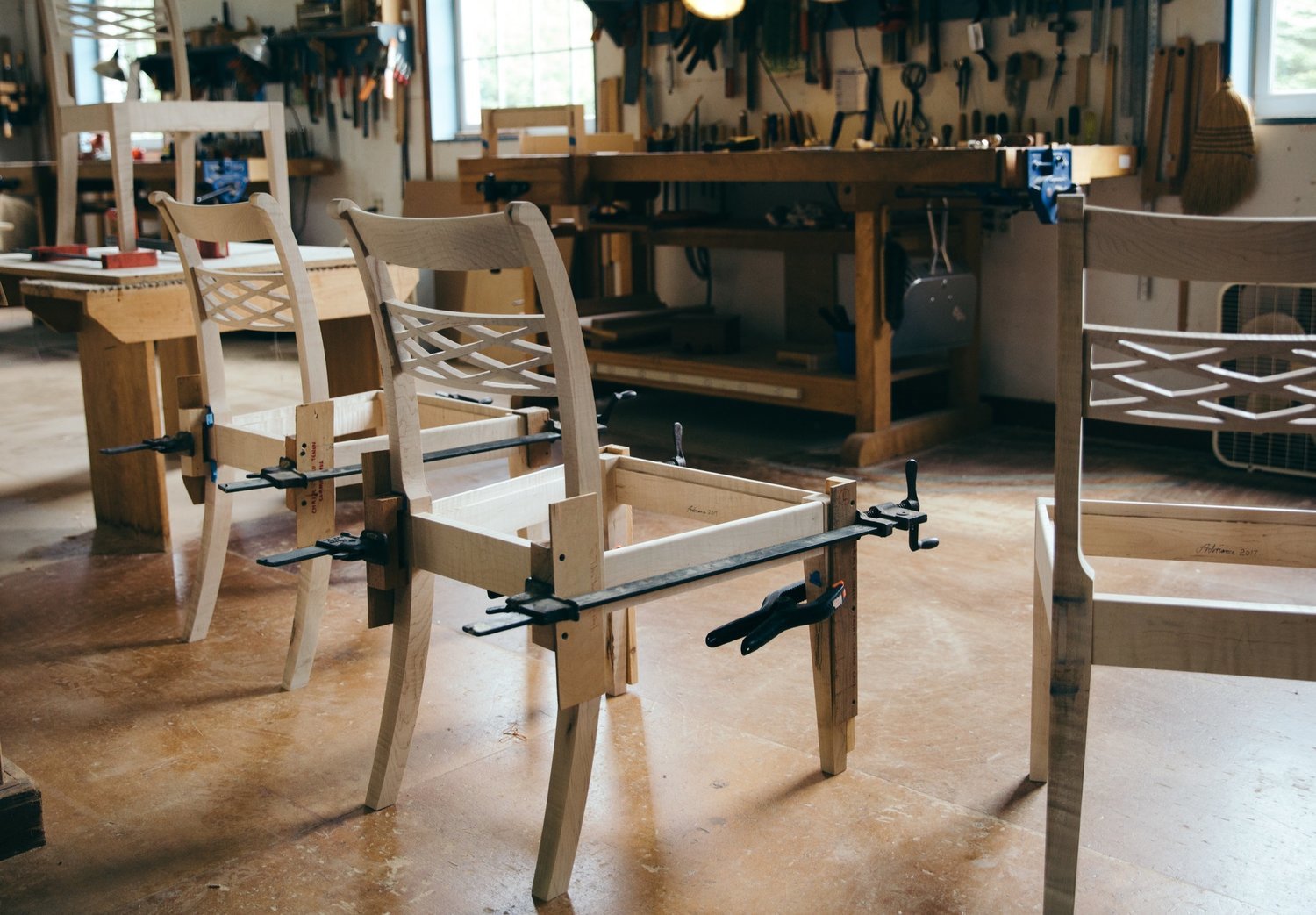 A set of chairs, under construction, by Adriance.