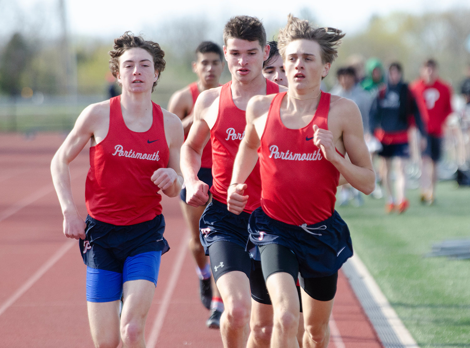 Portsmouth High’s Chris Vachon, Kevin Sullivan and Kaden Kluth (from left) run in a pack during the 1,500 meter run at Monday’s home track meet. Kluth would go on to win the event, and also set a new school record in winning the 3,000-meter run.