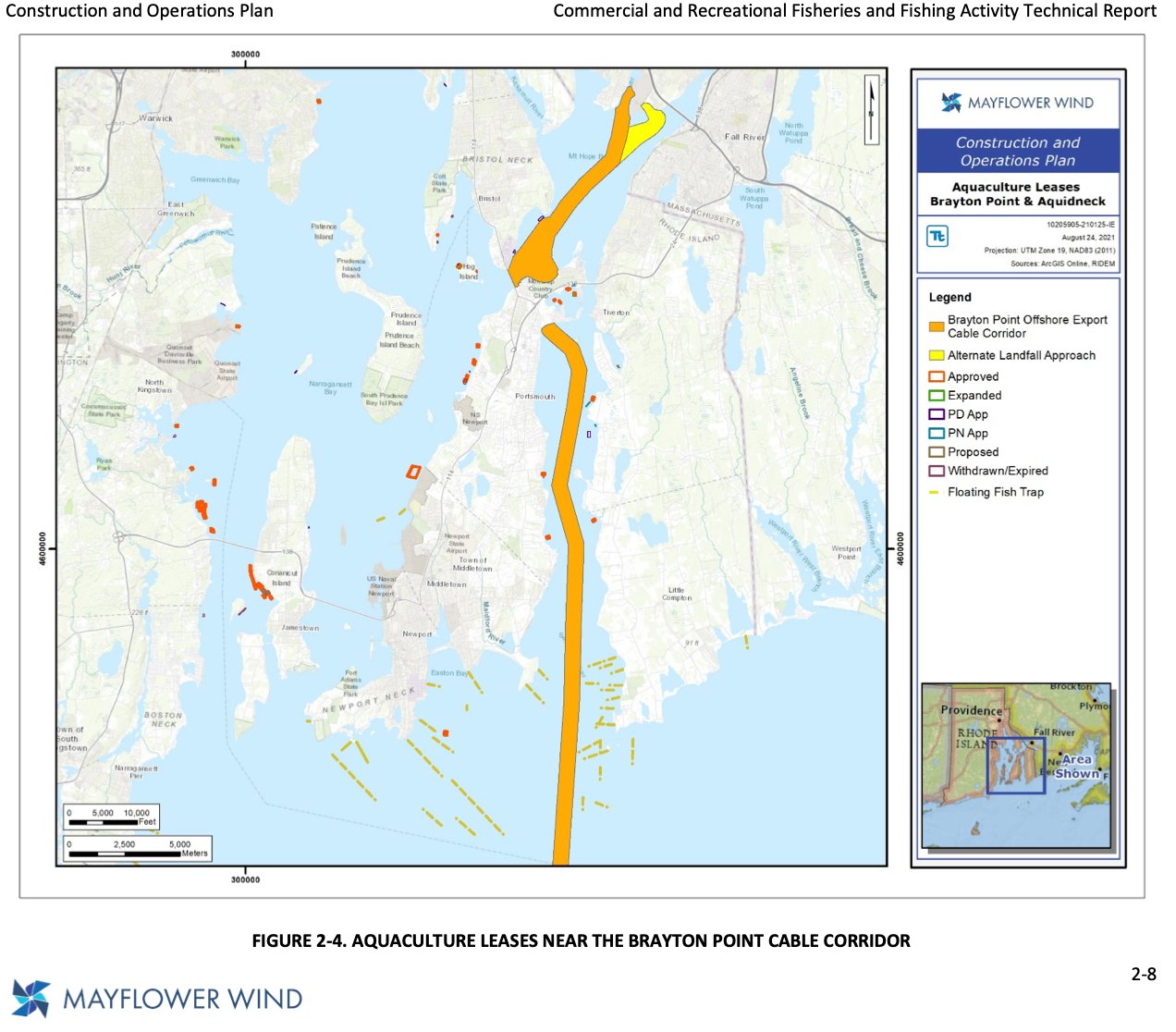 A map from Mayflower Wind shows the projected route of cables required to transport power from its offshore wind farm to a connection at Brayton Point in Somerset, Mass. The connection requires a long stretch up Mt. Hope Bay, across land in Portsmouth, and up the Sakonnet River.