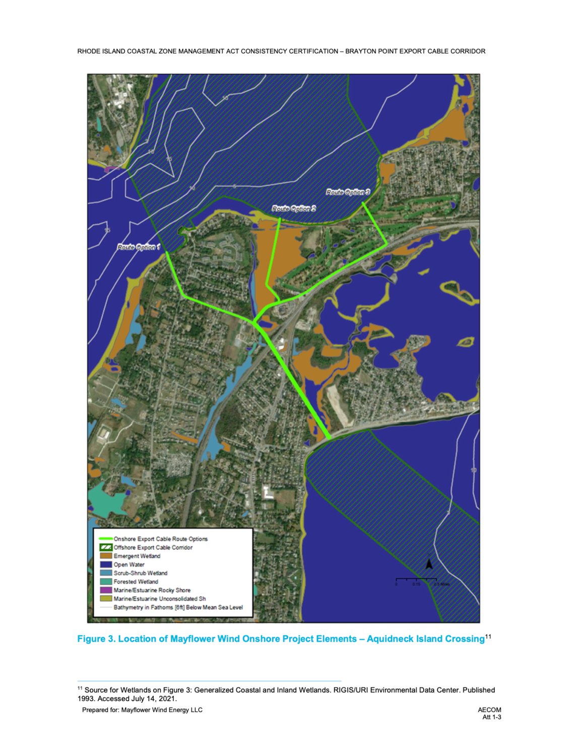 A more detailed breakdown of the land connection over Portsmouth shows three possible options, all three of which would traverse at least a portion of a DEM wildlife management area, Boyd’s Marsh. All options include direct connection through state-protected land or are within a quarter mile of protected lands.