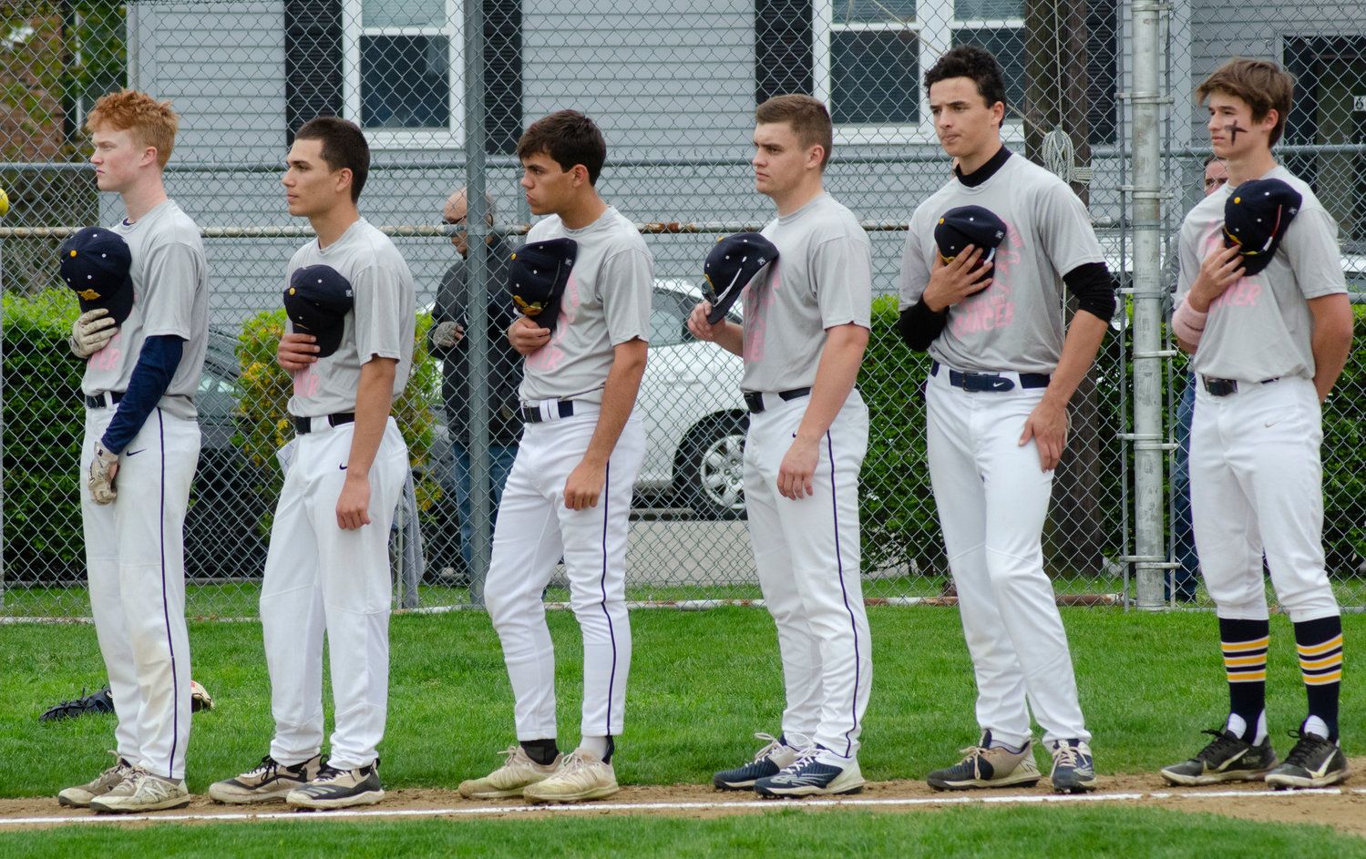Barrington starters line up during the playing of the National Anthem for Friday’s game against Mt. Hope. The two teams used the game as a fund-raiser for the Jimmy Fund, collecting more than $5,000 in donations.